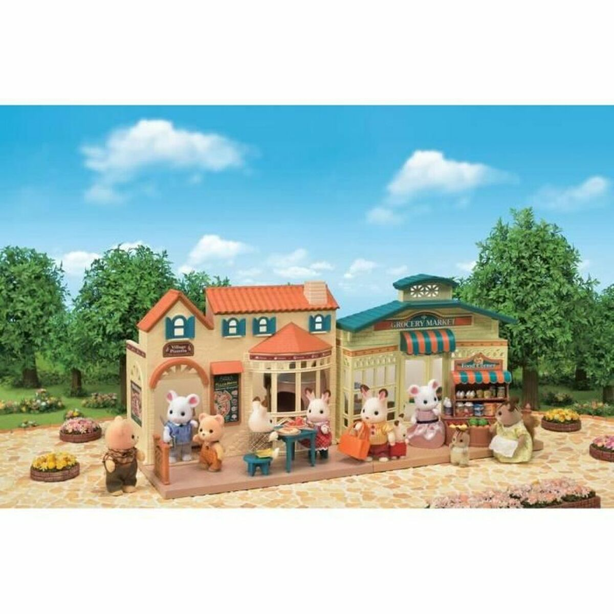 Miniaturowa scena miasteczka z budynkami, figurami i drzewami. Zawiera sklep spożywczy i kawiarnię.