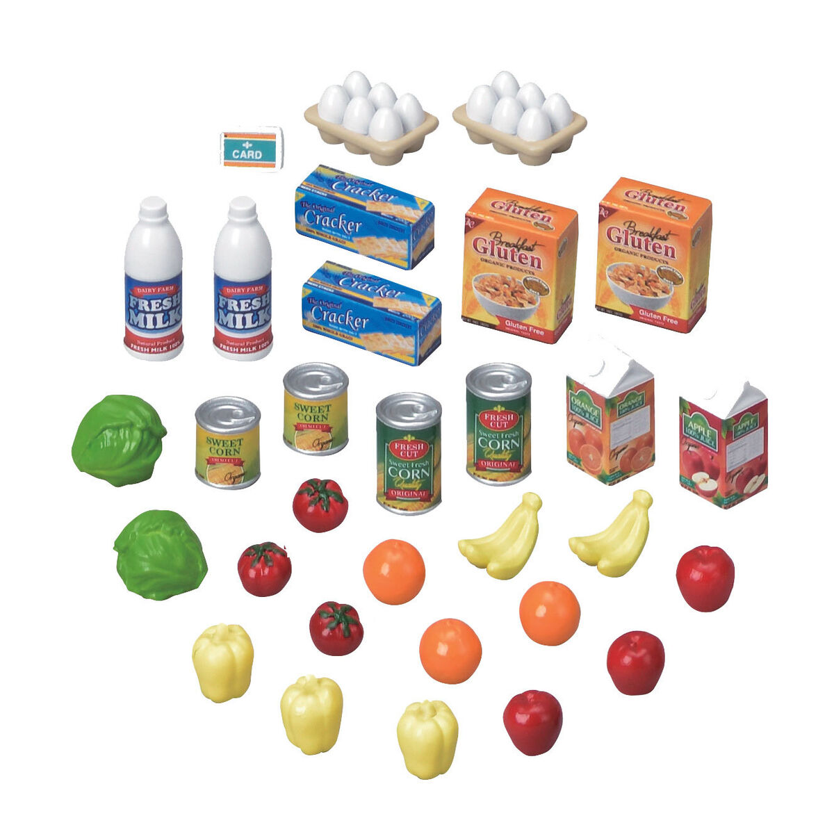 Miniaturowe produkty spożywcze: mleko, jajka, krakersy, pudełka bezglutenowe, kukurydza, pomidory, owoce i jabłka.