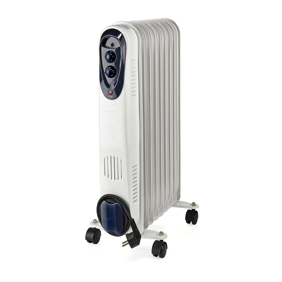 Un radiateur à huile blanc avec panneau de contrôle et cordon d'alimentation noir.