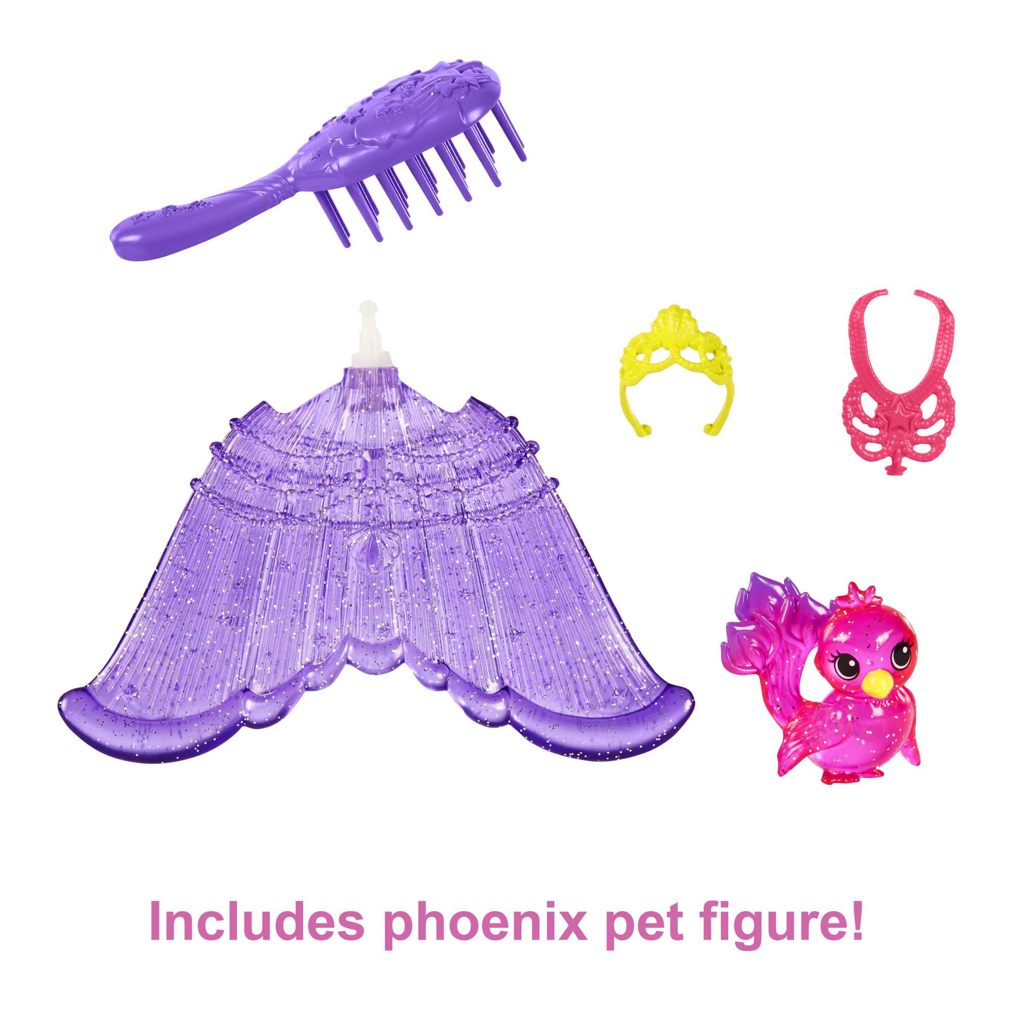 Accesorios de Barbie. Cepillo morado, alas, corona y figura de pájaro. Todos son de plástico y sobre una superficie blanca.