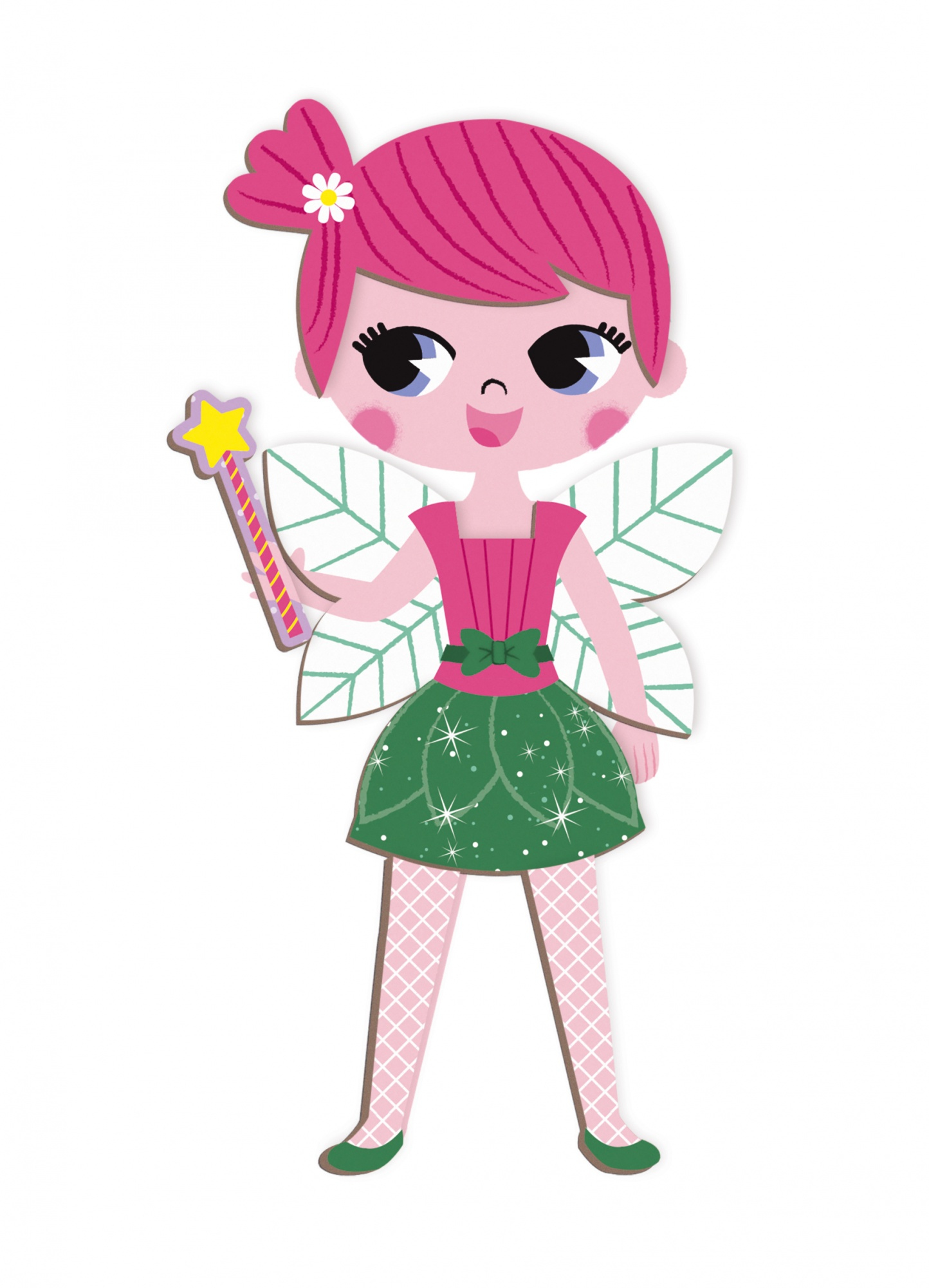 Kreskówkowa wróżka z różową głową, trzymająca różdżkę, w zielonej spódnicy i różowym topie, białe tło.