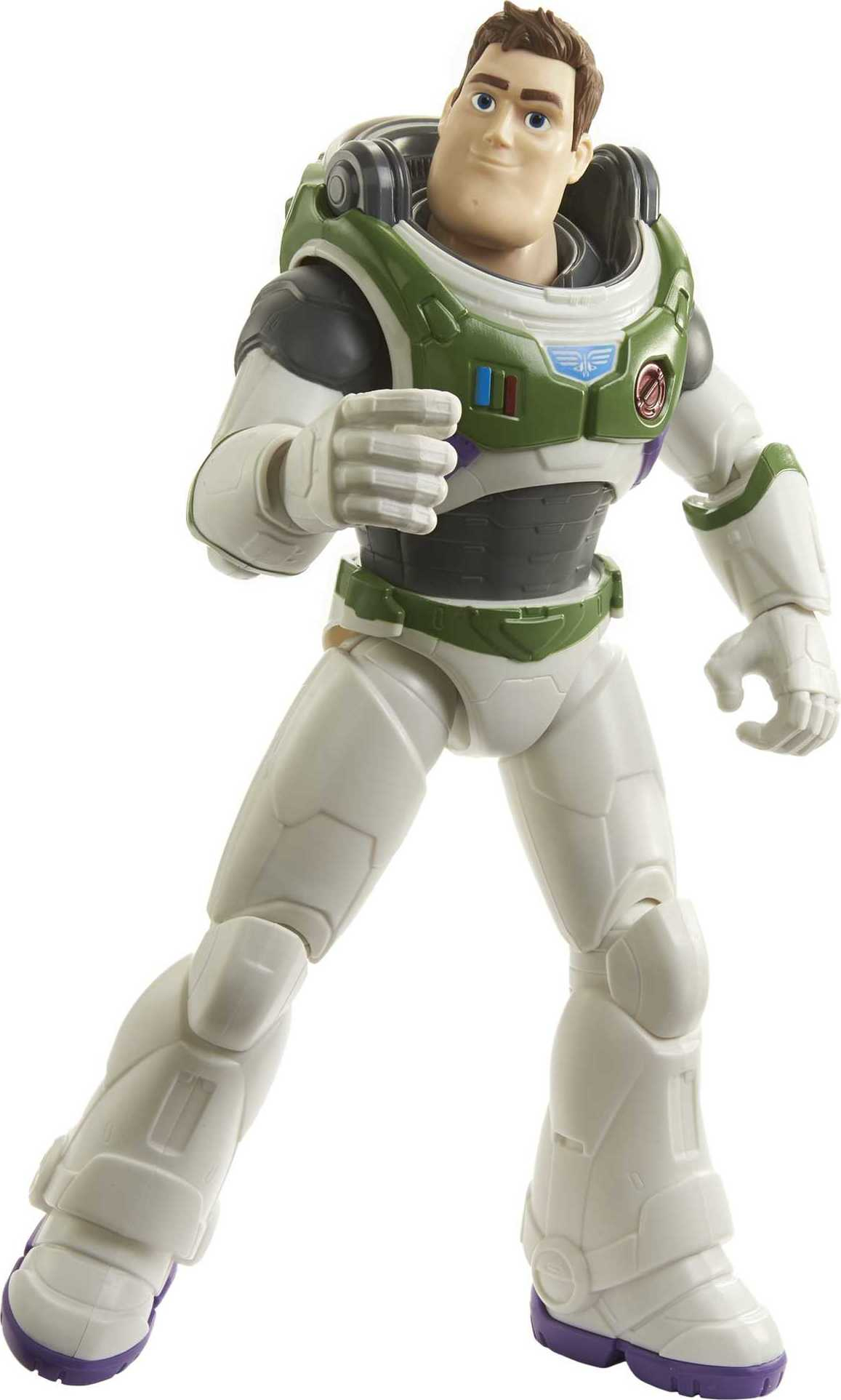 Action figure di Buzz Lightyear in tuta spaziale bianca con dettagli verdi e viola, su sfondo bianco.