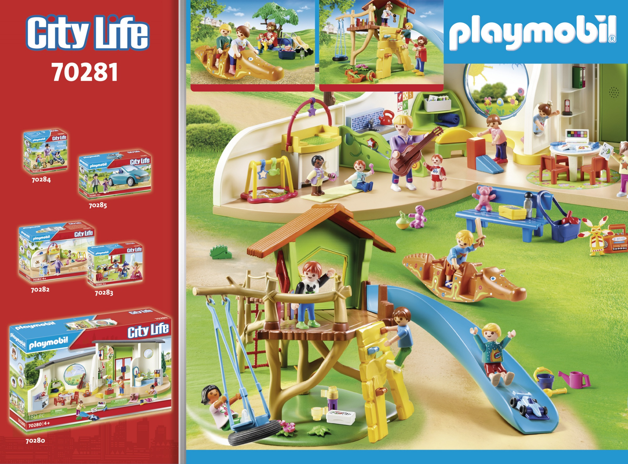 Pudełko zestawu Playmobil City Life z wieloma zdjęciami prezentującymi różne zestawy zabawek.