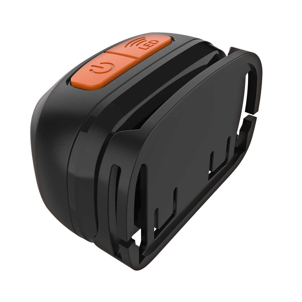 Czarne, prostokątne urządzenie z pomarańczowymi przyciskami, prawdopodobnie akcesorium do lampy czołowej.