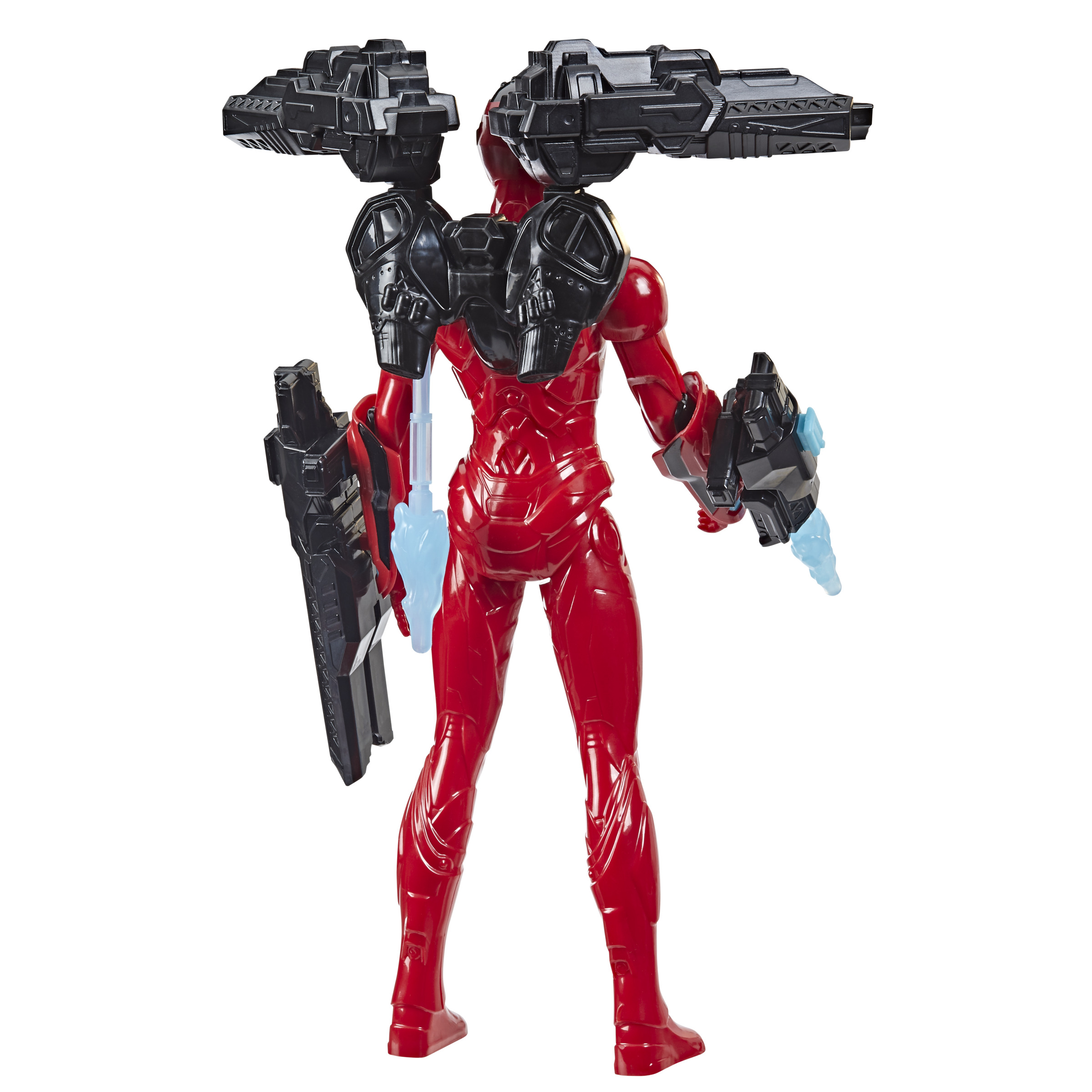 Vista posteriore della action figure di Ironheart con tuta rossa e nera, equipaggiata con armi.