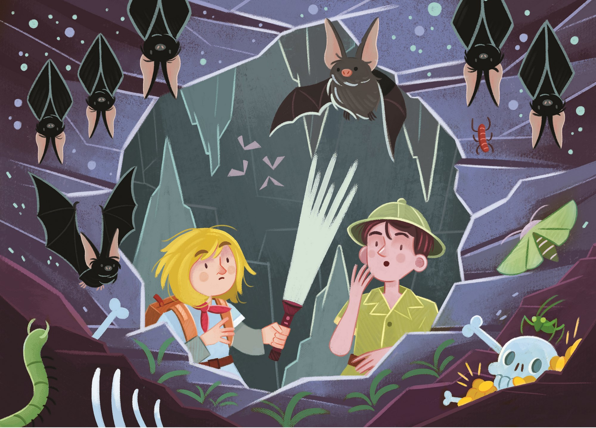 Illustrazione di due bambini in una grotta con pipistrelli. Uno tiene una torcia; uno scheletro è visibile.