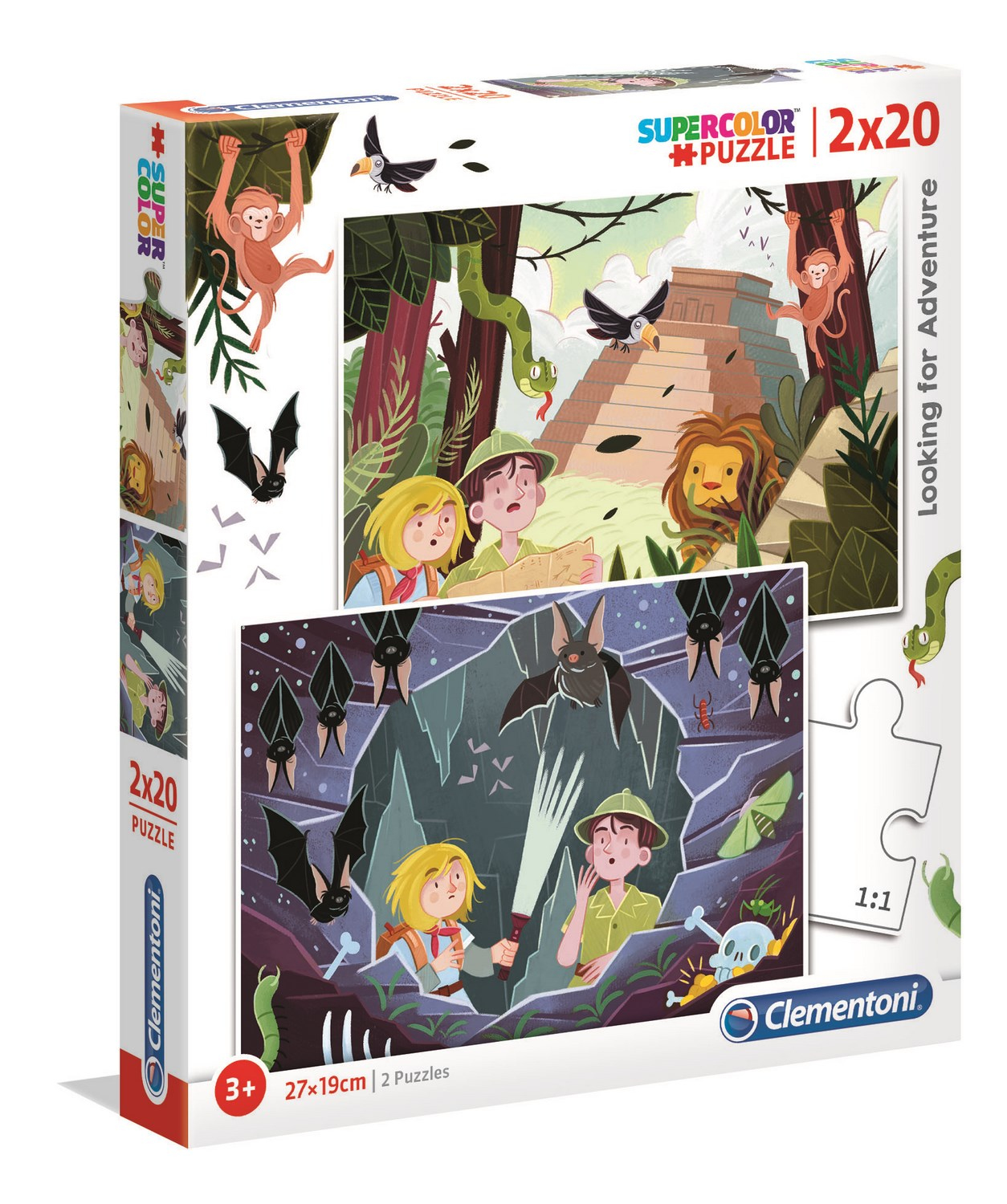 Scatola puzzle con due puzzle, con esploratori nella giungla e una scena di grotta.