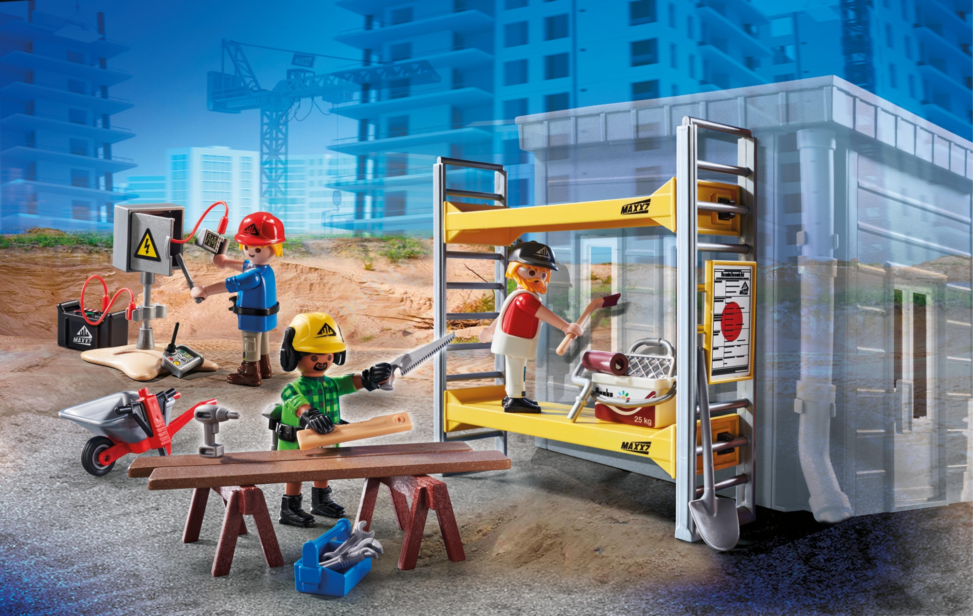 Plac budowy Playmobil z robotnikami.