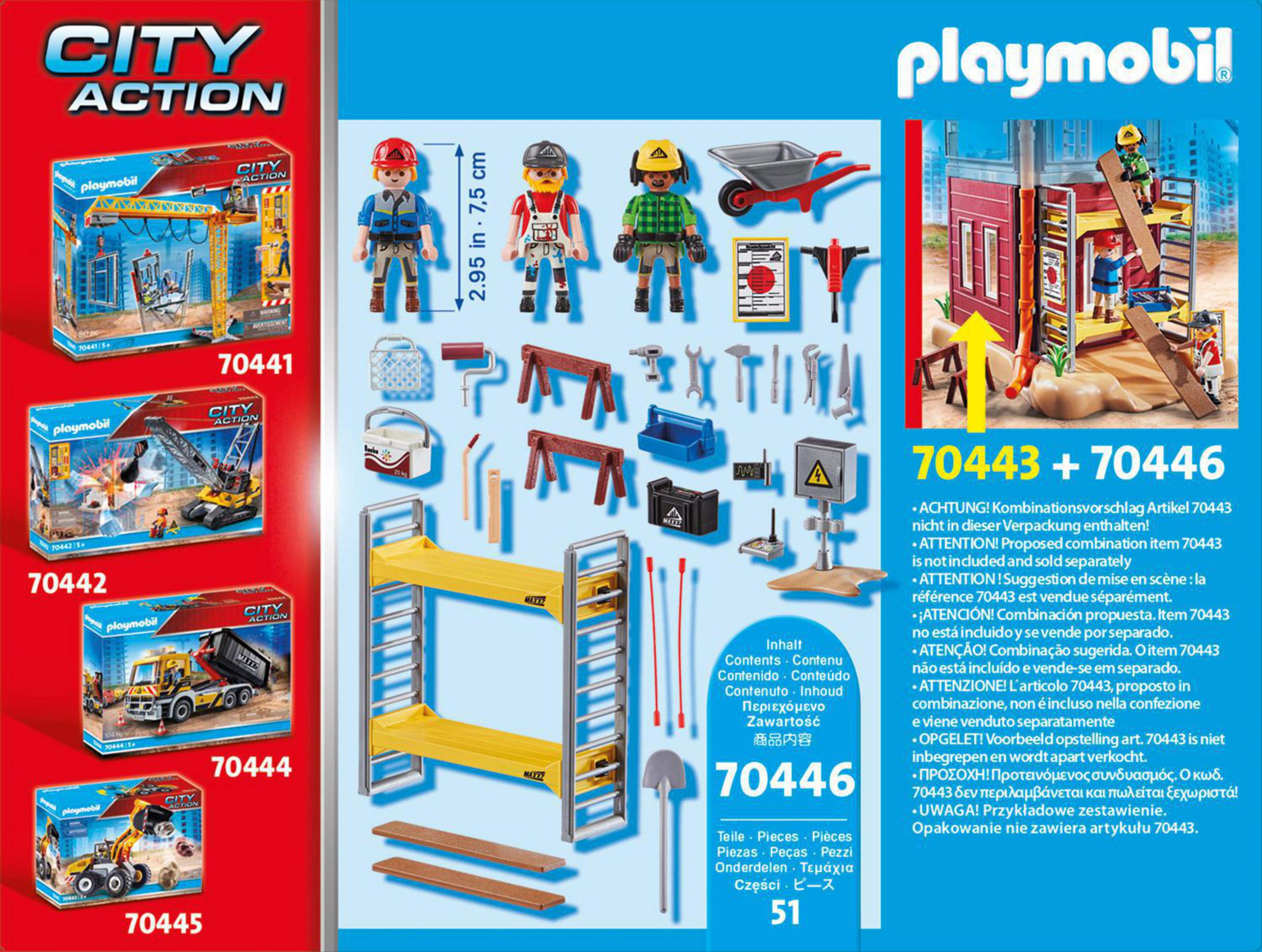 Plac budowy Playmobil z robotnikami.