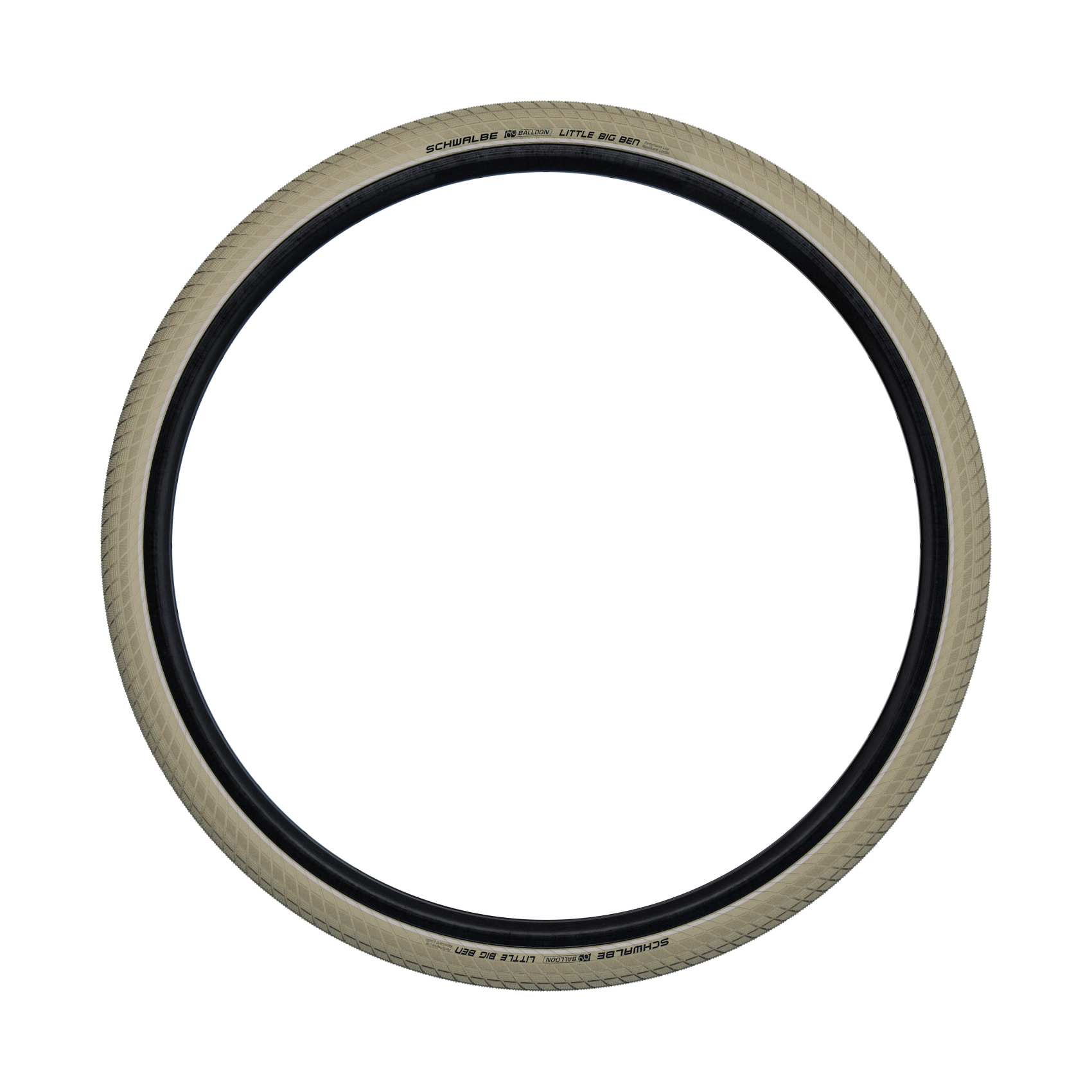 Opona rowerowa, beżowa ścianka boczna, czarne koło wewnętrzne, białe tło.