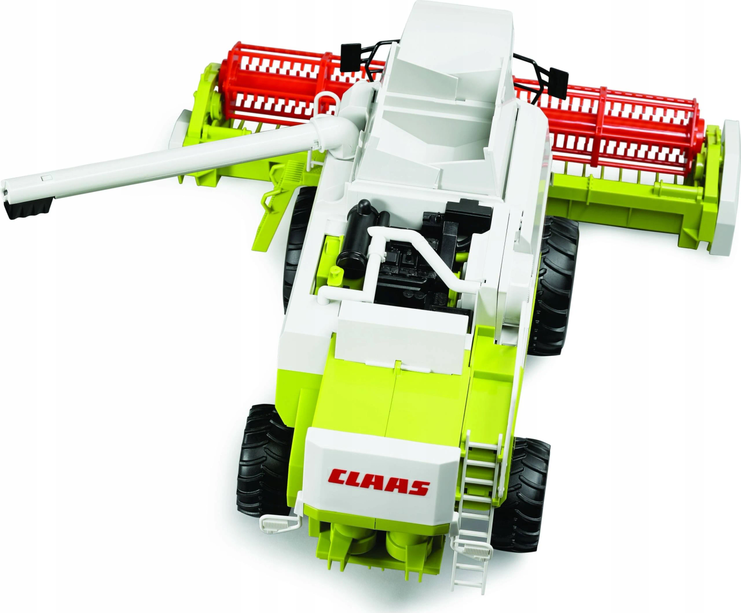 Widok z góry zabawki kombajnu Claas. Zielony i biały z czerwonymi detalami.