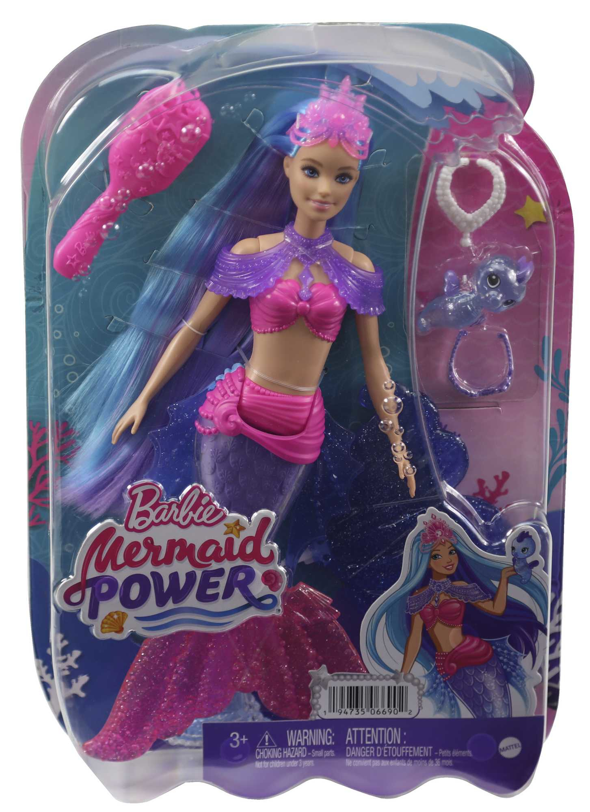 Lalka Barbie Mermaid Power w opakowaniu, prezentująca syrenę z niebieskimi i fioletowymi włosami.