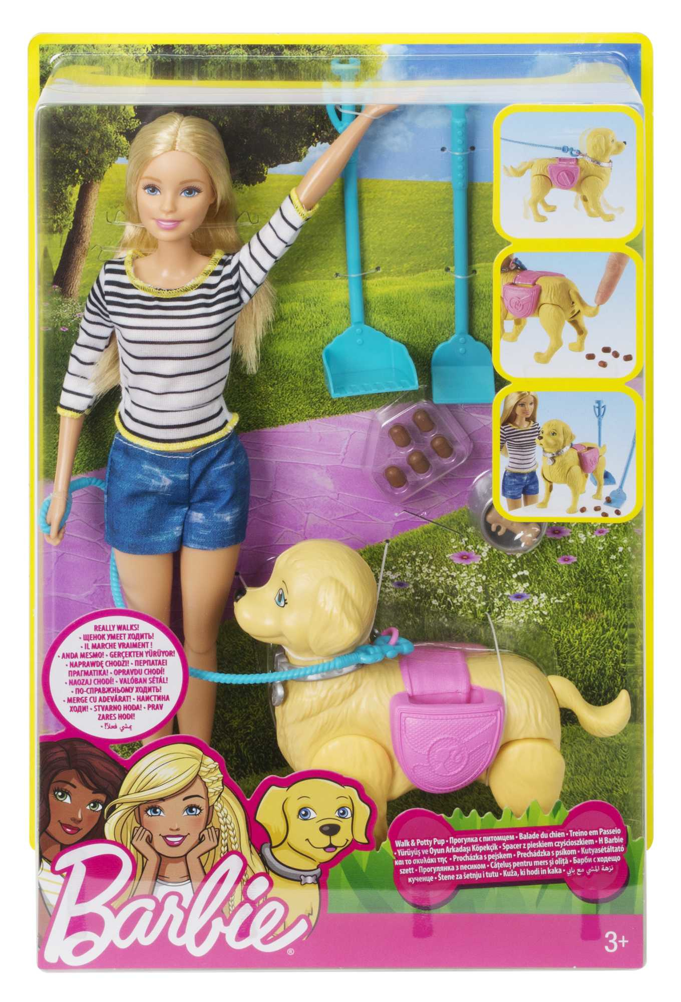 Zestaw do zabawy z lalką Barbie. Lalka Barbie w koszuli w paski z psem i akcesoriami. Opakowanie pokazuje zdjęcia.