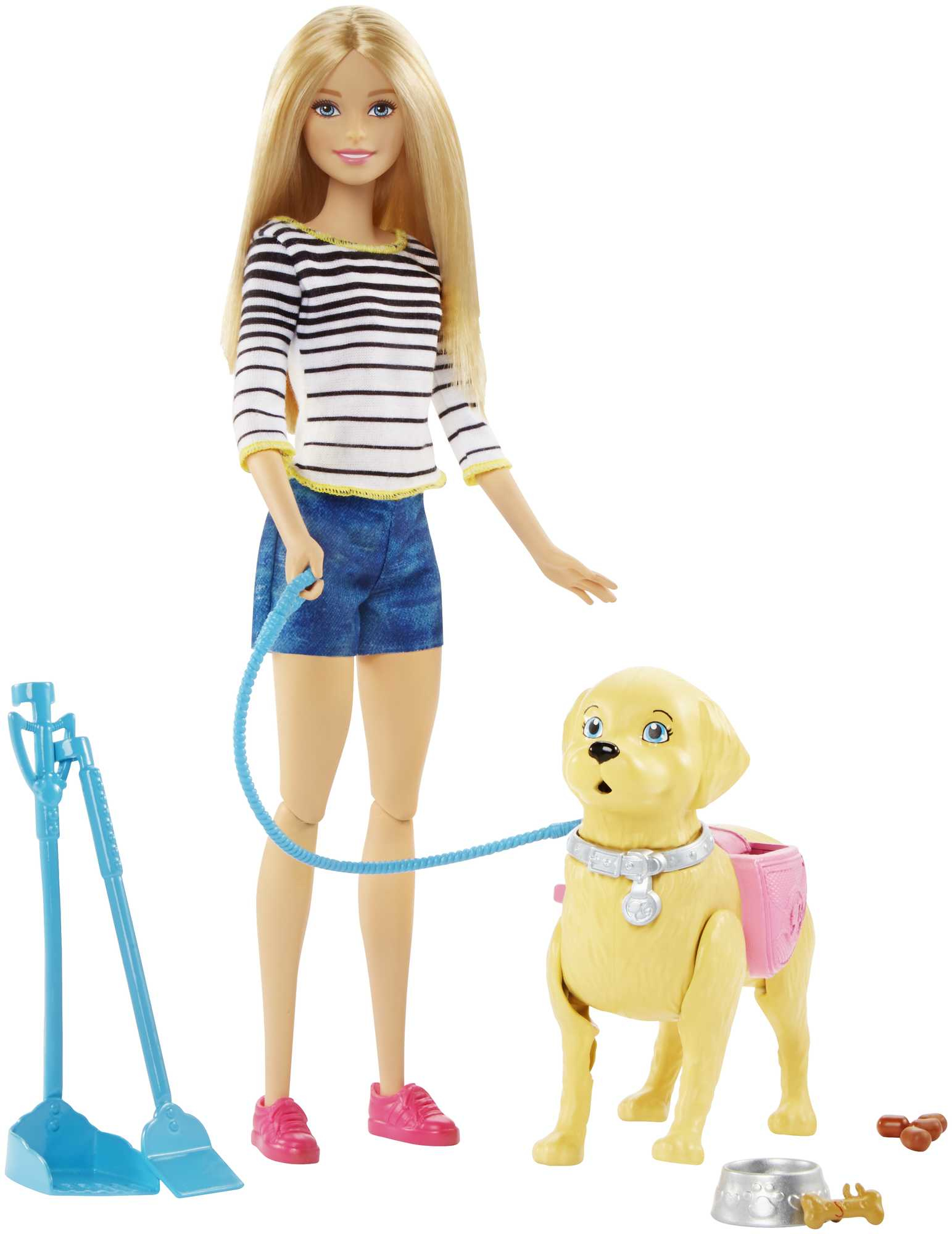 Blond lalka Barbie z psem. Barbie ma na sobie koszulkę w paski i dżinsowe szorty. Pies ma siodło.