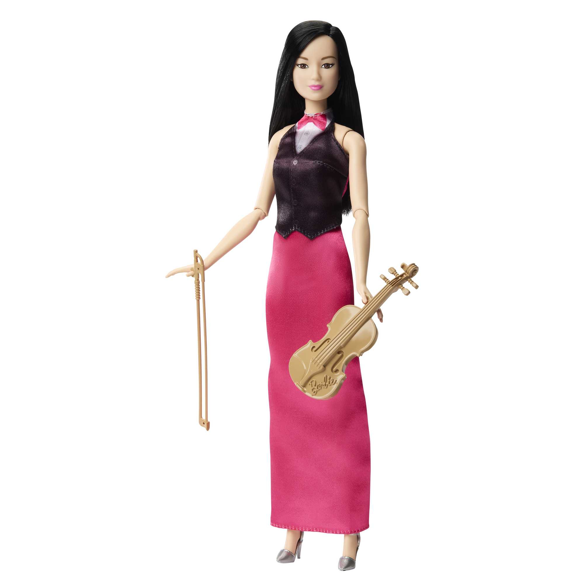 Barbie-Puppe in formeller Kleidung, spielt Geige. Puppe hat langes schwarzes Haar, rosa Kleid und einen Bogen.