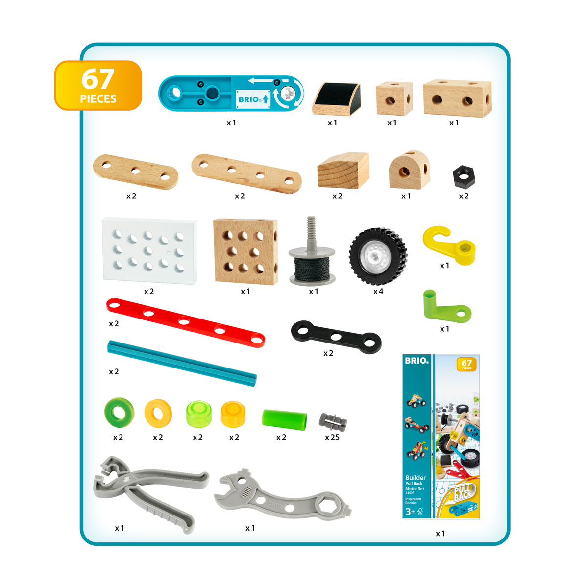 Een Brio speelgoedset met diverse houten onderdelen, waaronder blokken, wielen en gereedschap.