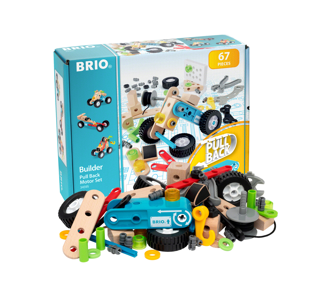 Houten BRIO Builder pull back motor set. Doos en inhoud inclusief houten onderdelen en wielen.