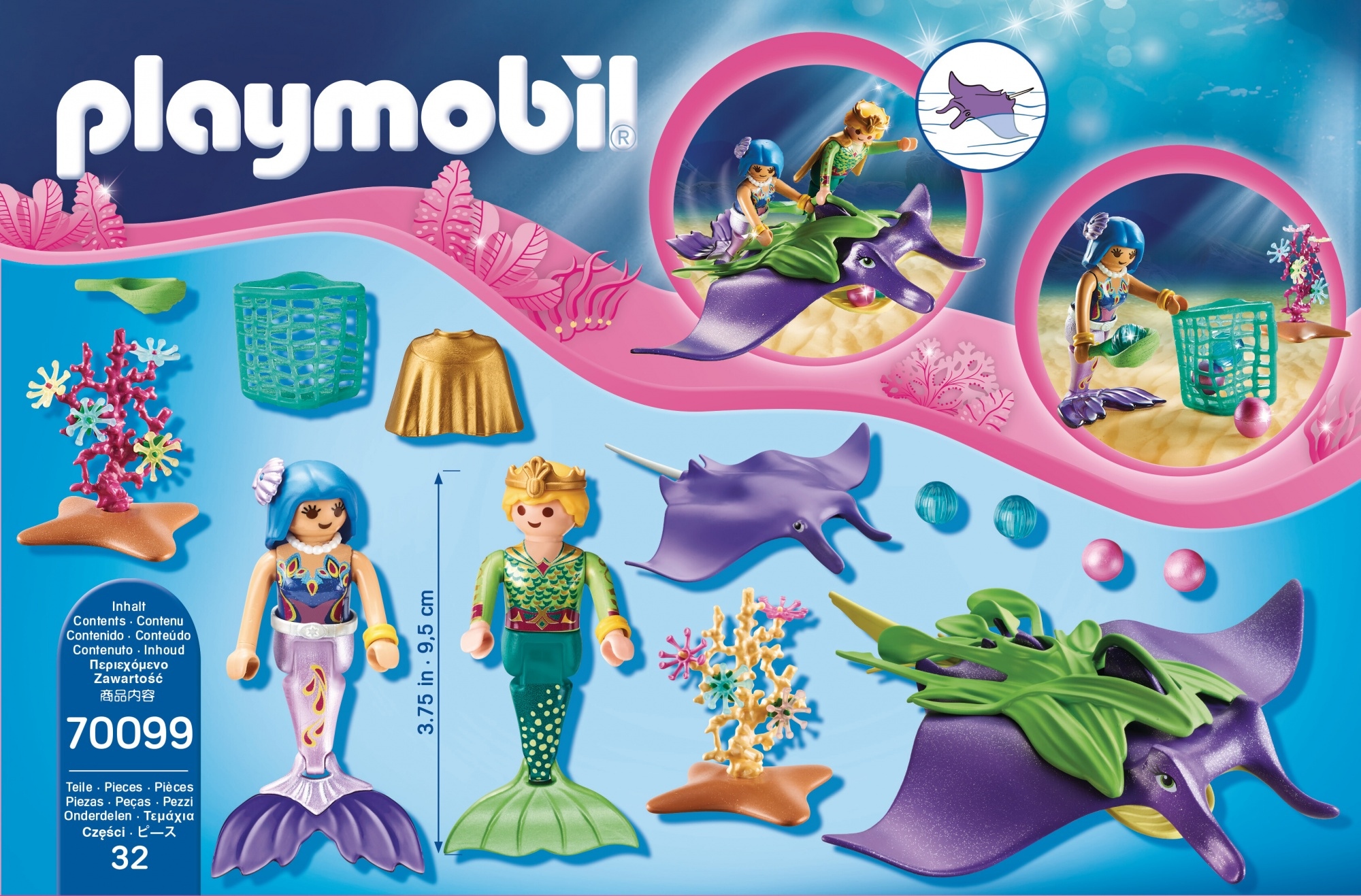 Scatola Playmobil: sirene, manta, coralli e personaggi. Sfondo blu.