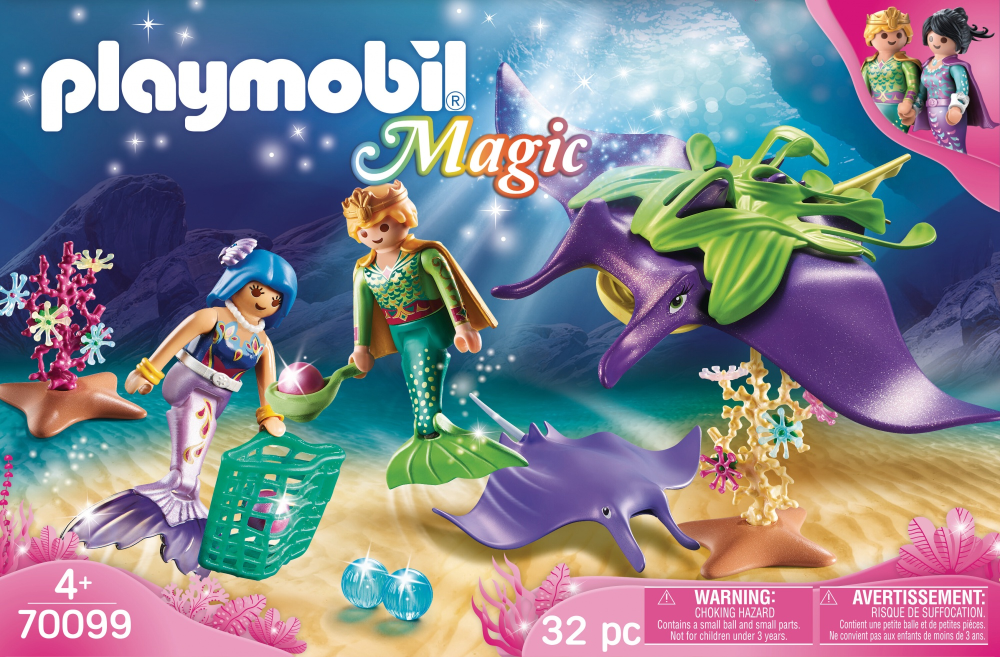 Set Playmobil Magic con sirene, manta e coralli su uno sfondo subacqueo blu.