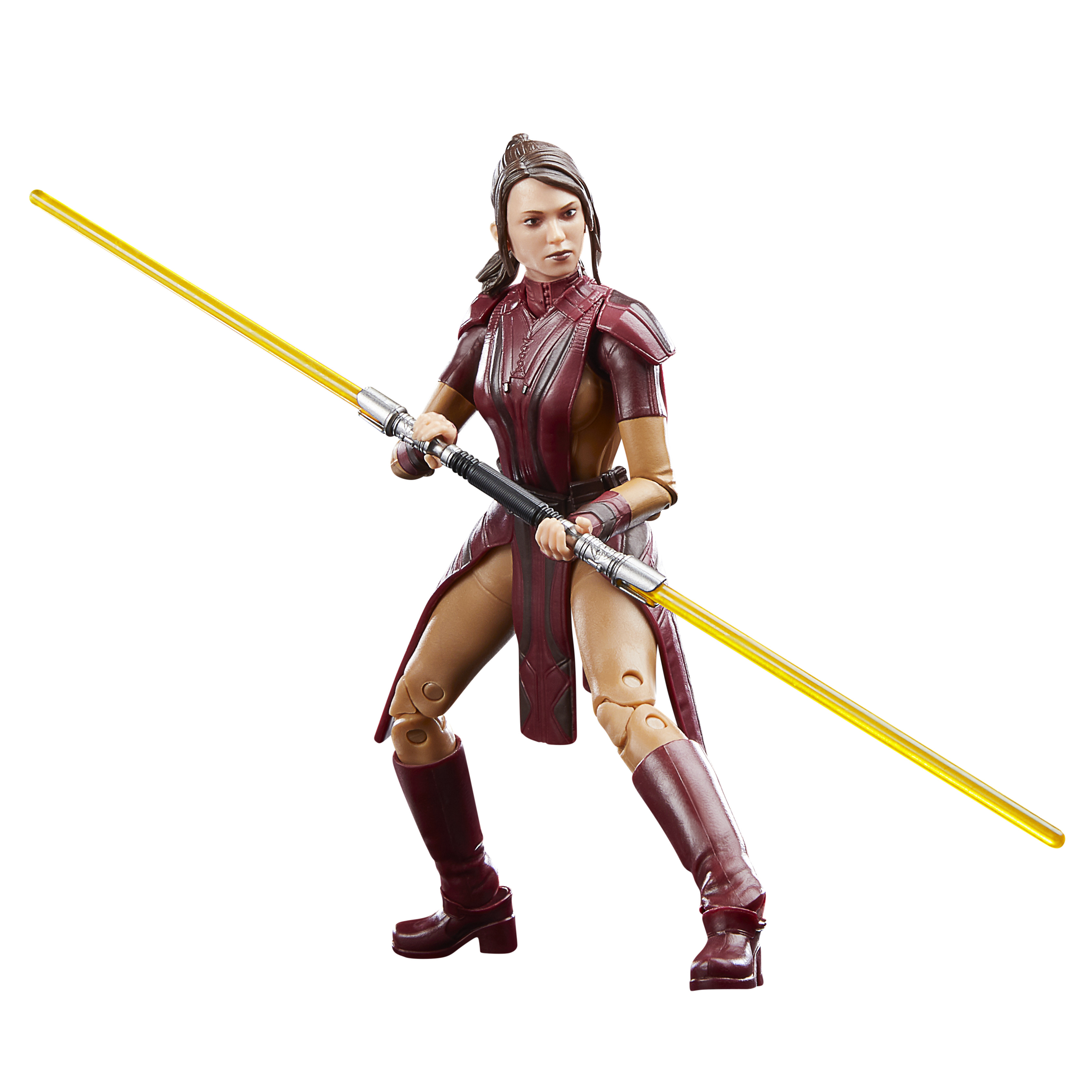 Action figure di Bastila Shan di Star Wars, con una spada laser gialla, su sfondo bianco.
