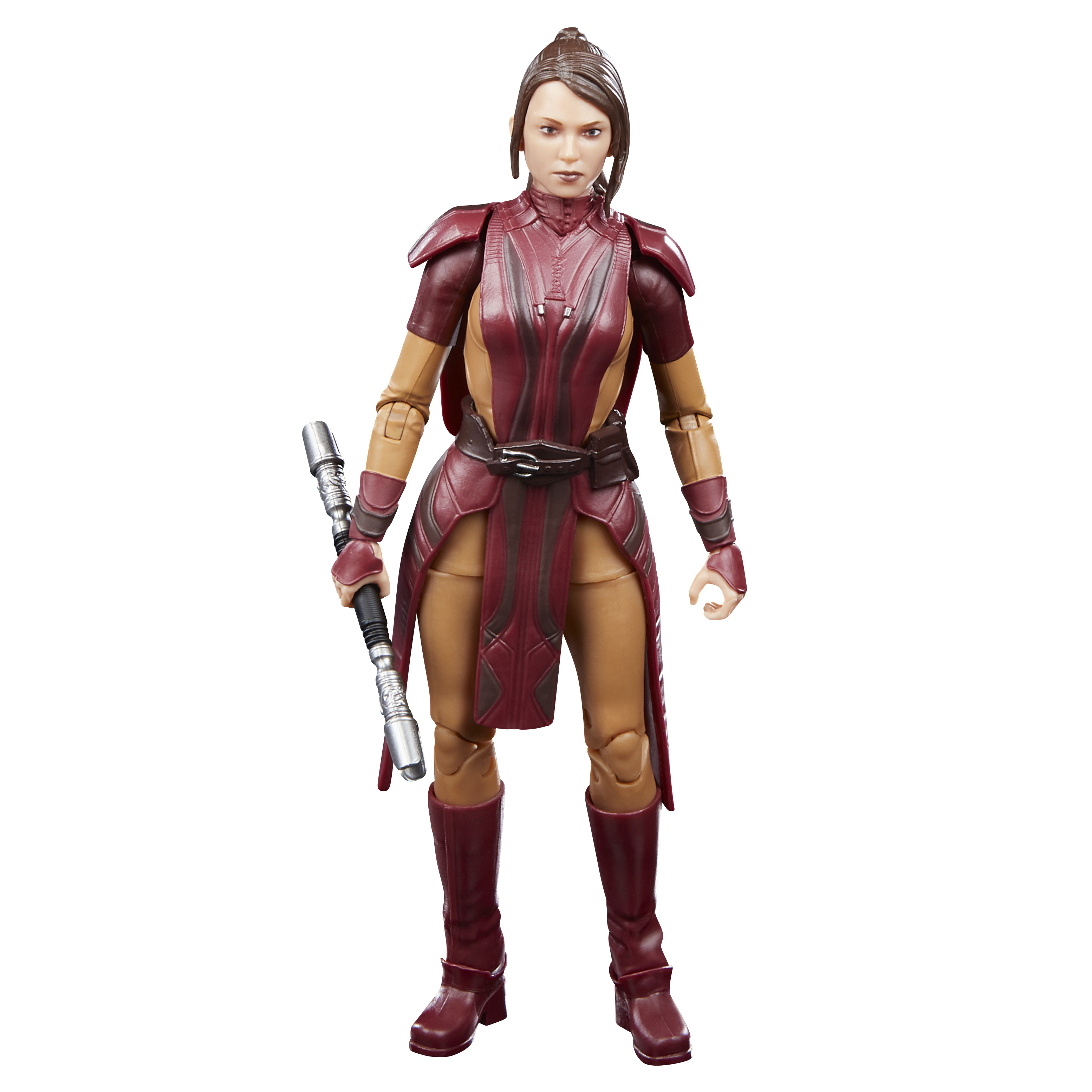 Action figure di Bastila Shan di Star Wars, con una spada laser, su sfondo bianco.
