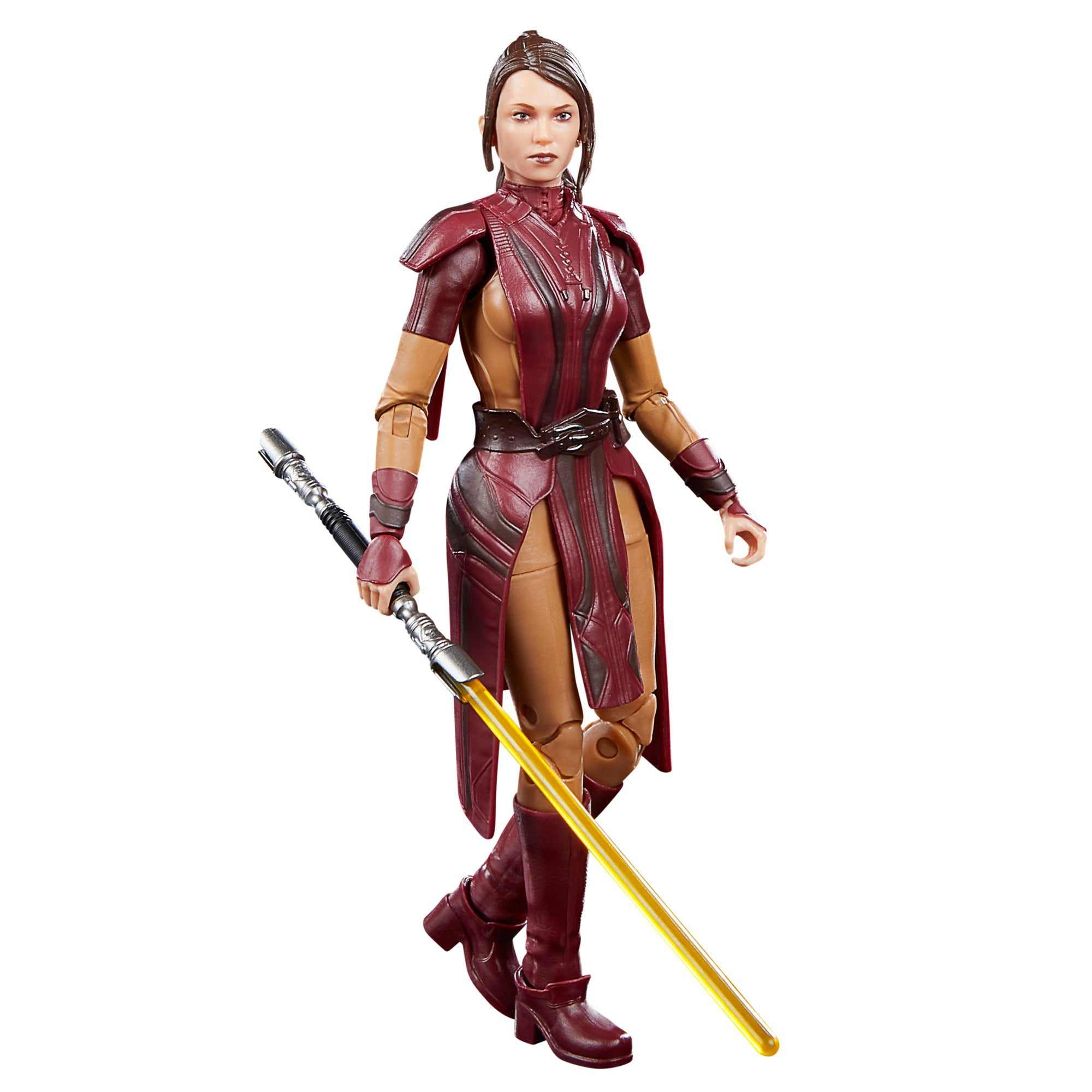 Figura di Star Wars con una spada laser gialla e un completo rosso e marrone. Sfondo bianco.