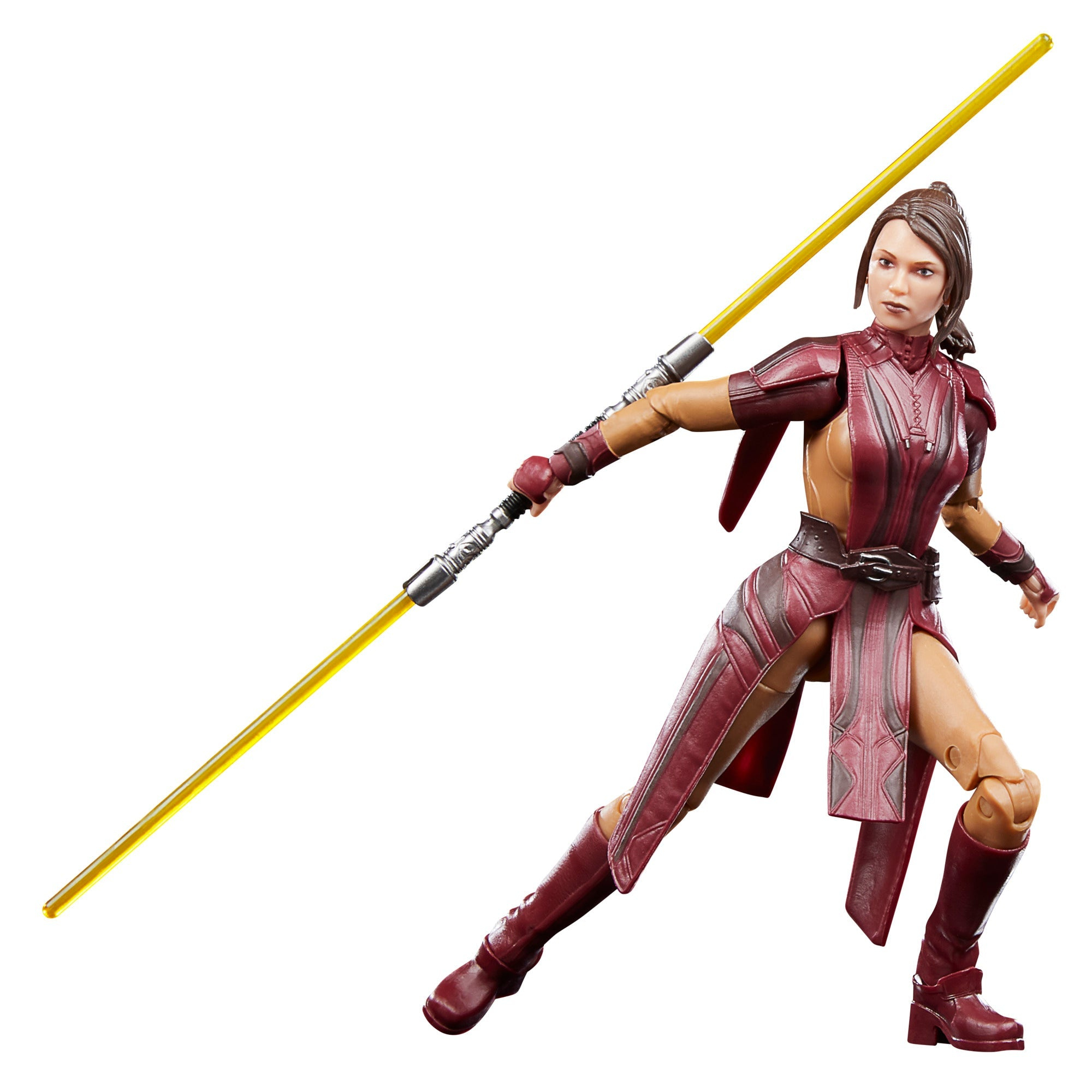 Figura di Star Wars, con una spada laser gialla, in posa dinamica. Sfondo bianco.