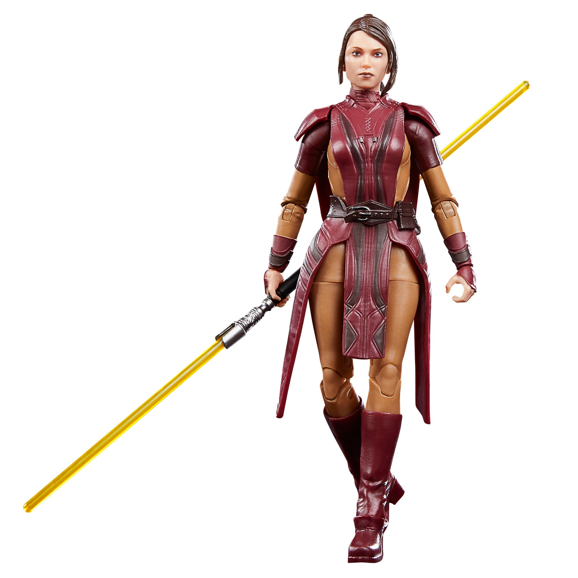 Action figure di Bastila Shan con spada laser gialla, da Star Wars, su sfondo bianco.