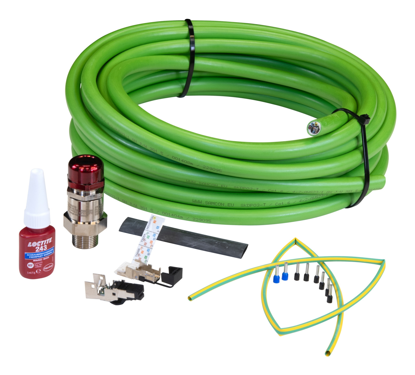 Tubo verde arrotolato con componenti rossi e argentati. Include adesivo Loctite e altre parti.