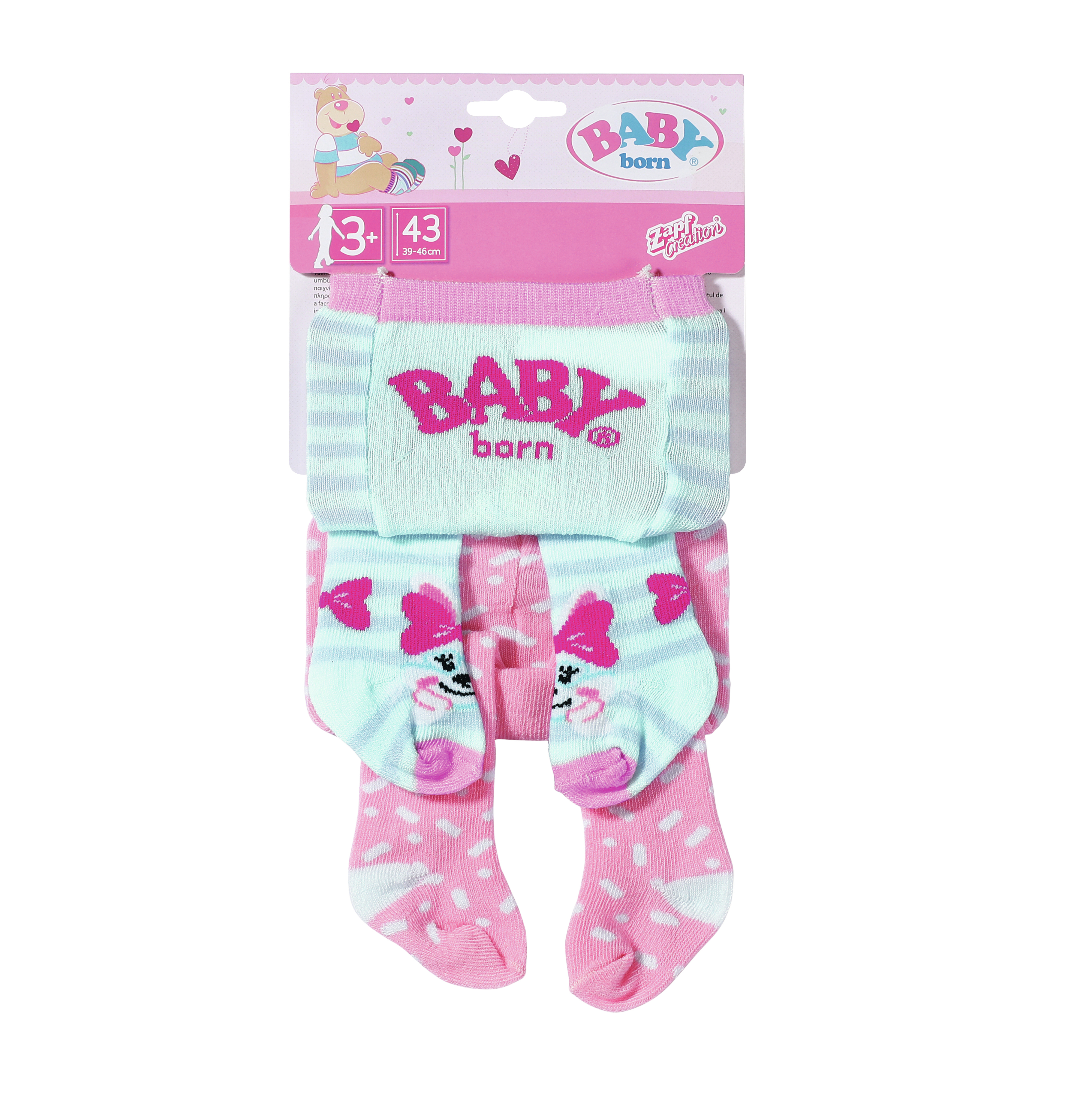 Zestaw ubranek Baby Born: top i legginsy. Top jest niebiesko-biały; legginsy różowe i we wzory.