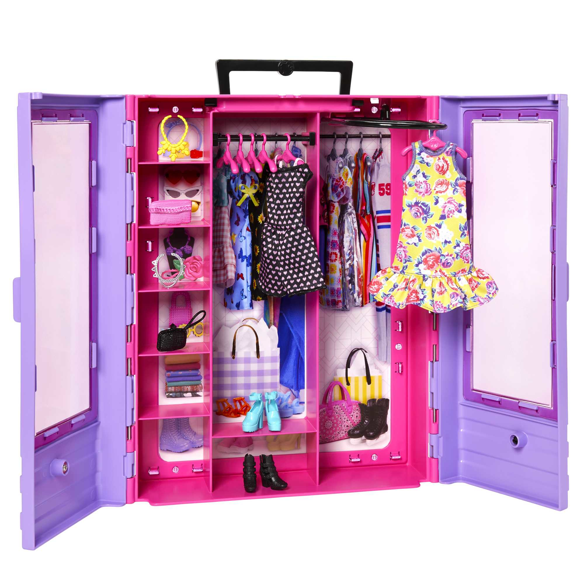 Guardaroba Barbie aperto. Abiti, scarpe e accessori all'interno, con esterno rosa e viola.