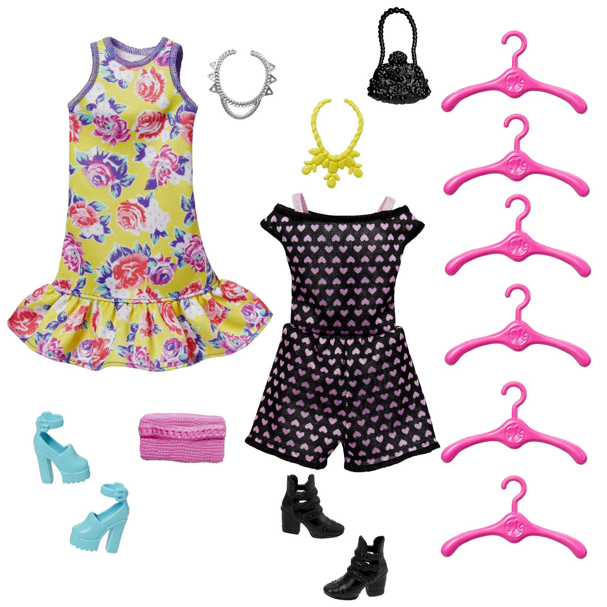 Accessori moda per bambole Barbie. Include vestiti, scarpe, borse, collane e grucce.