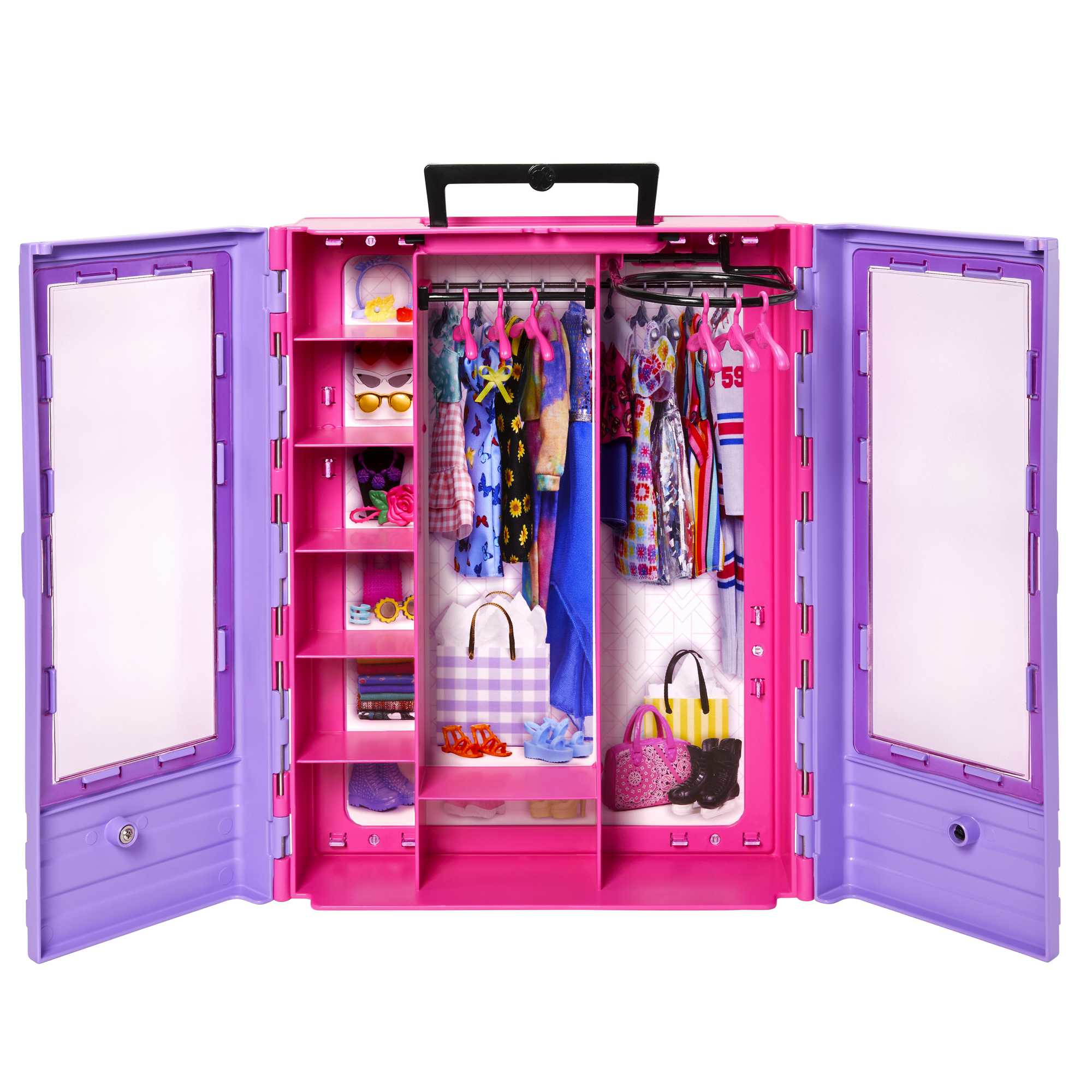 Un armadio per bambole rosa e viola, aperto con accessori e vestiti all'interno. Due specchi sulle porte.