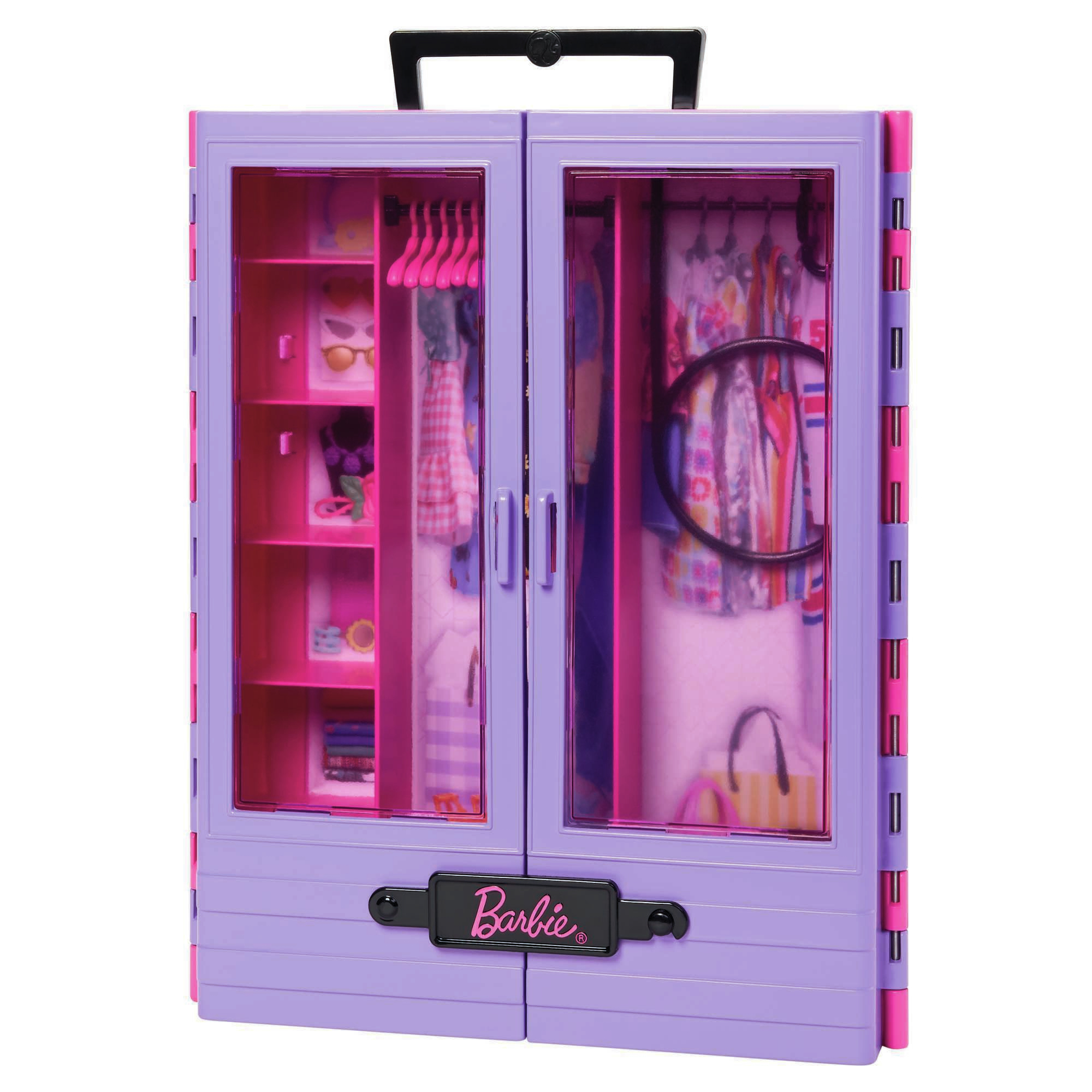 Guardaroba Barbie viola, aperto. Ha vestiti, grucce e mensole. Maniglia nera in alto.