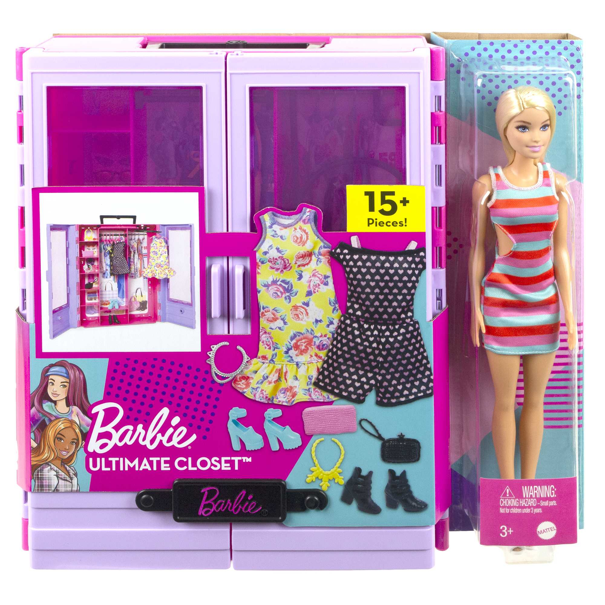 Una scatola Barbie Ultimate Closet con una bambola e accessori, tra cui vestiti e scarpe. Etichetta 15+.
