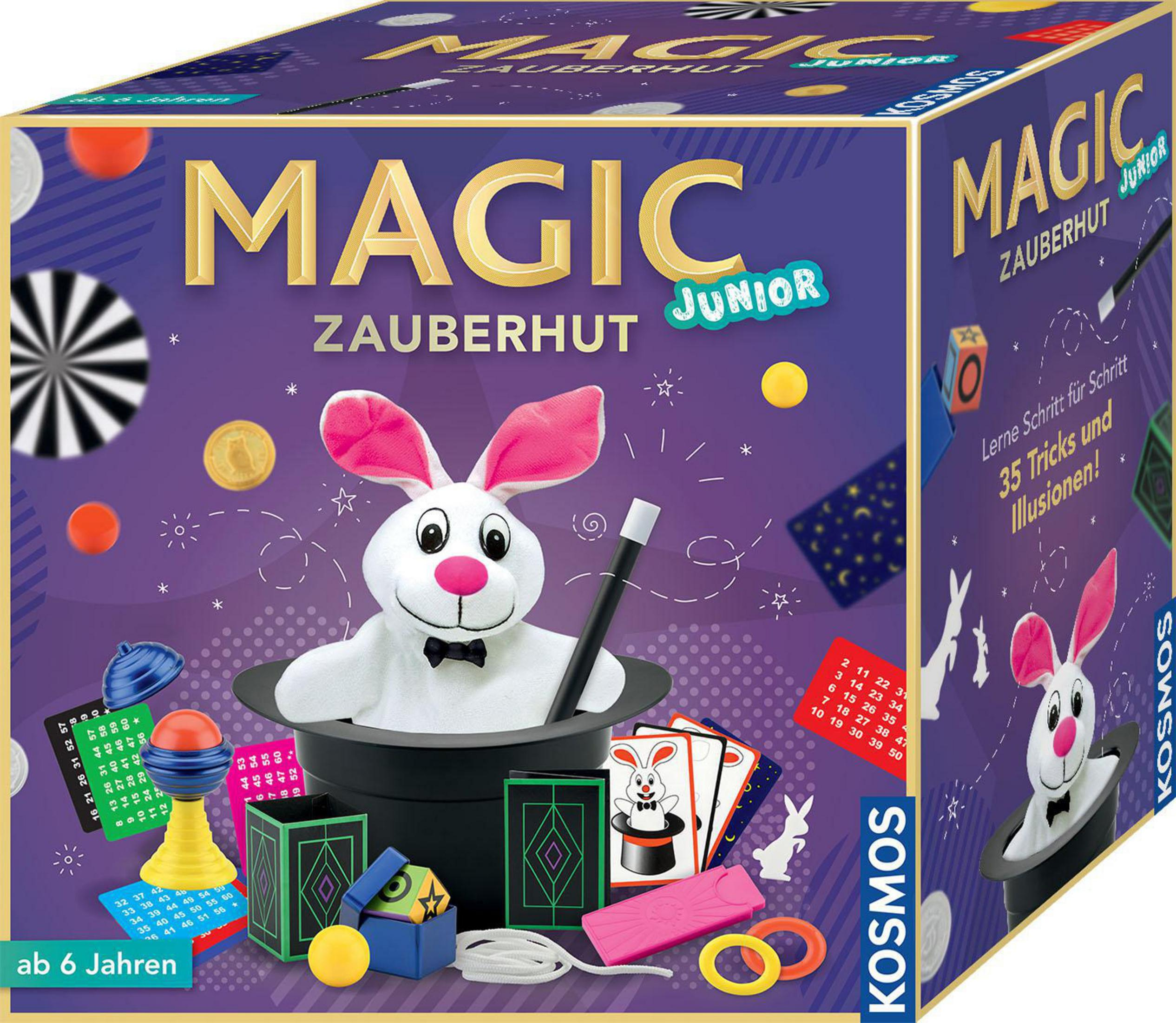 Ein Magic Junior Box-Set mit einem Hasen im Hut und Zaubertricks. Die Box ist lila und hat Text.