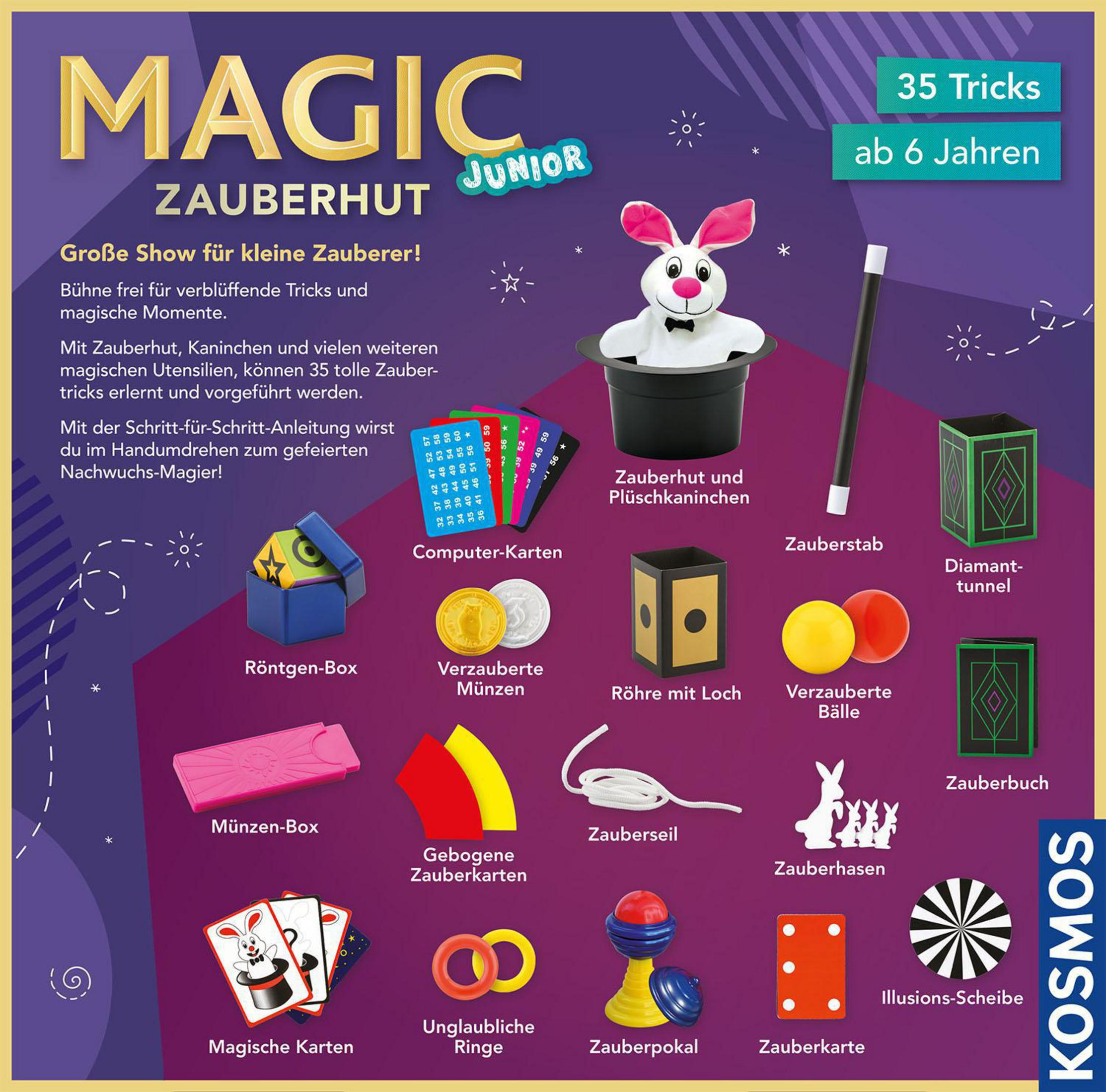 Magic Junior Box. Es hat einen Hasen im Hut, Karten und magisches Zubehör.