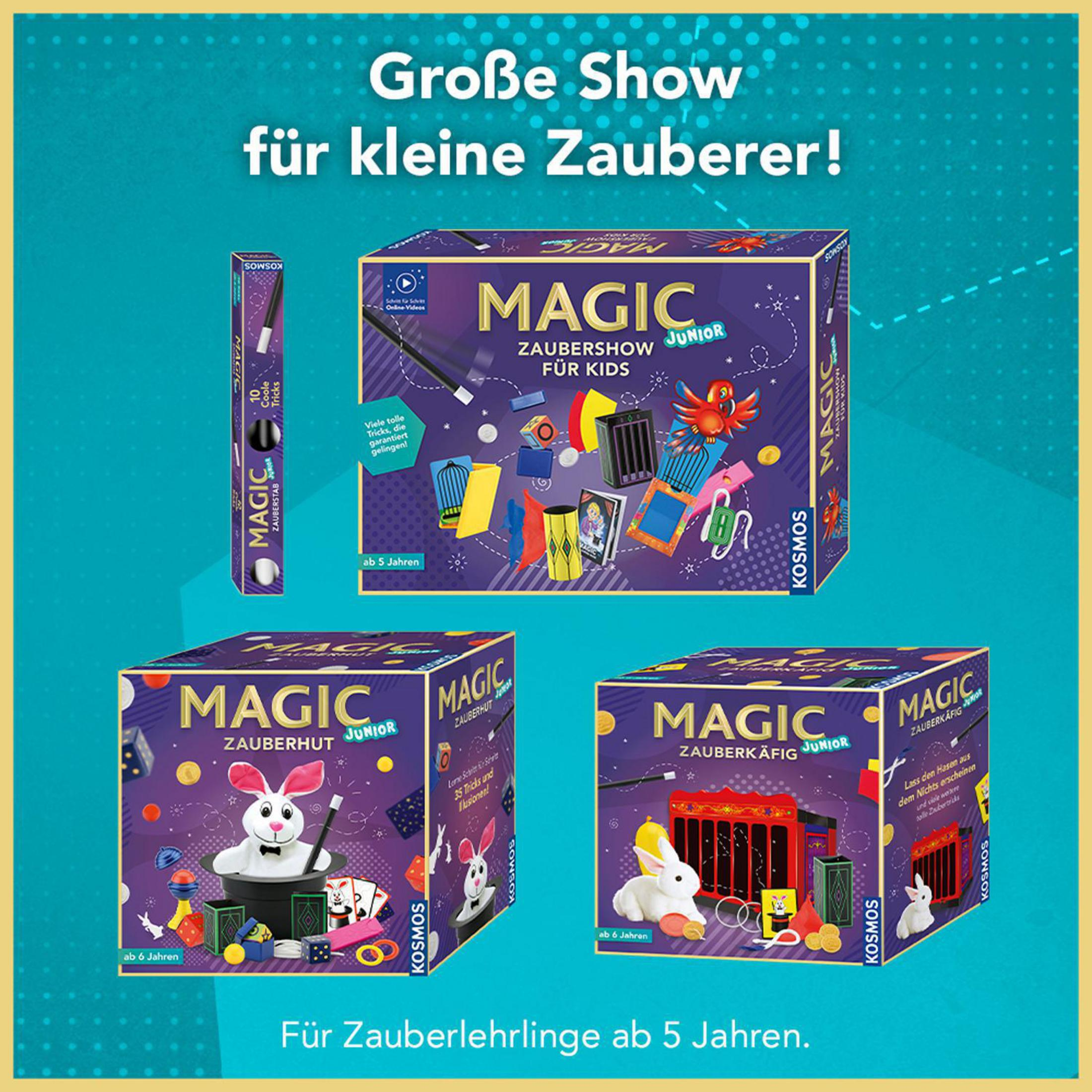 Mehrere Magic Junior Boxen, die einen Hasen im Hut und Zaubertricks zeigen. Die Boxen sind lila und blau.