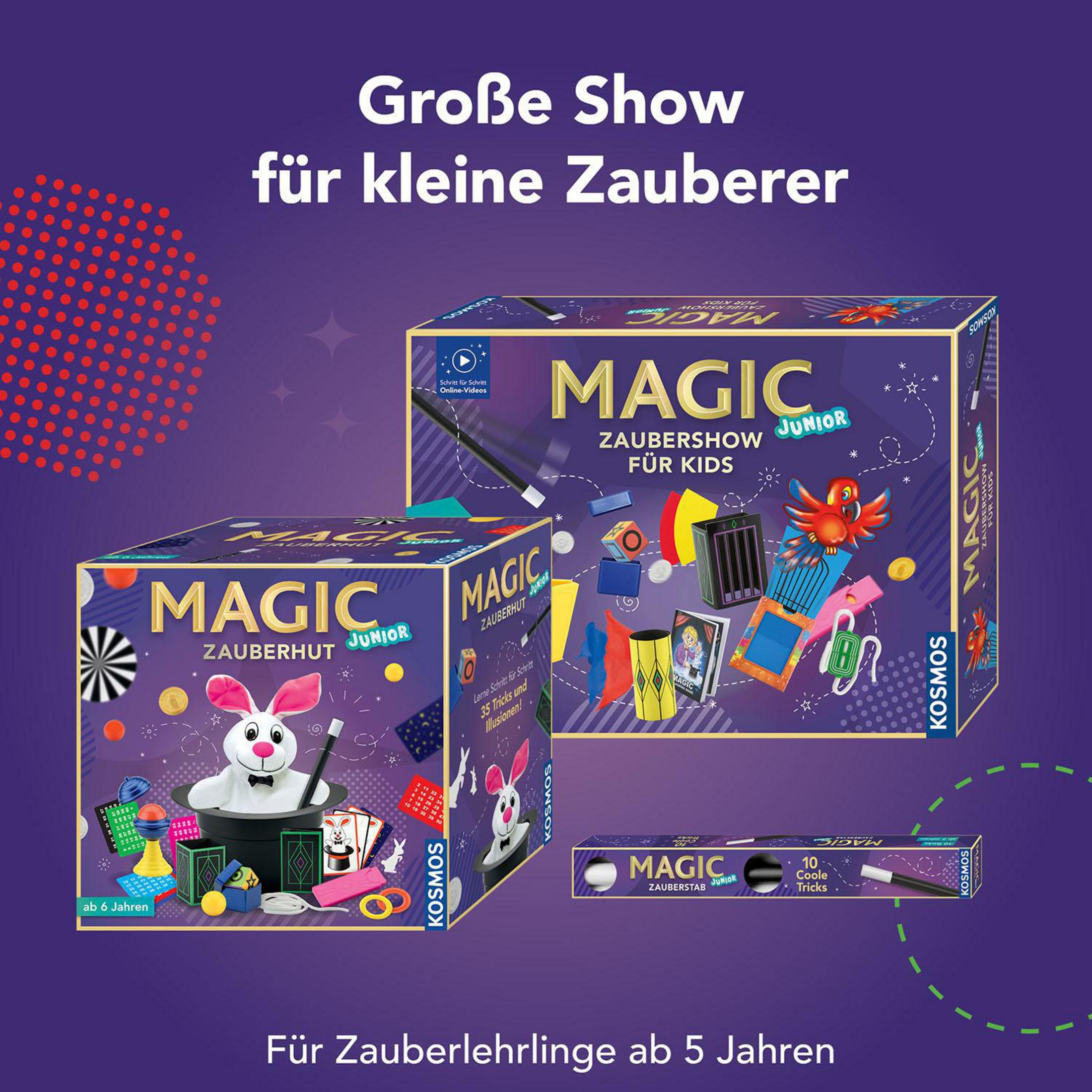 Mehrere Magic Junior Boxen mit Zaubertricks und einem Hasen im Hut. Die Boxen sind lila und blau.