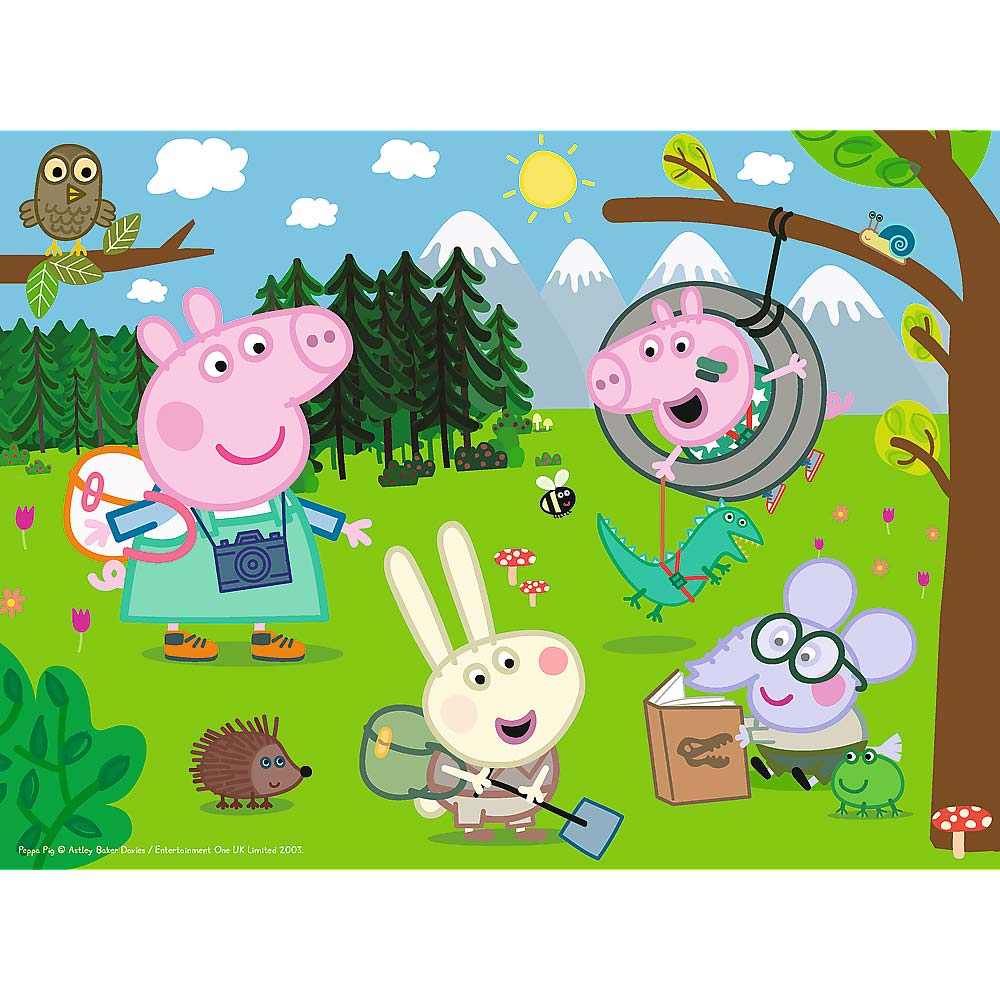 Kleurrijke Peppa Pig-illustratie met personages en landschap.