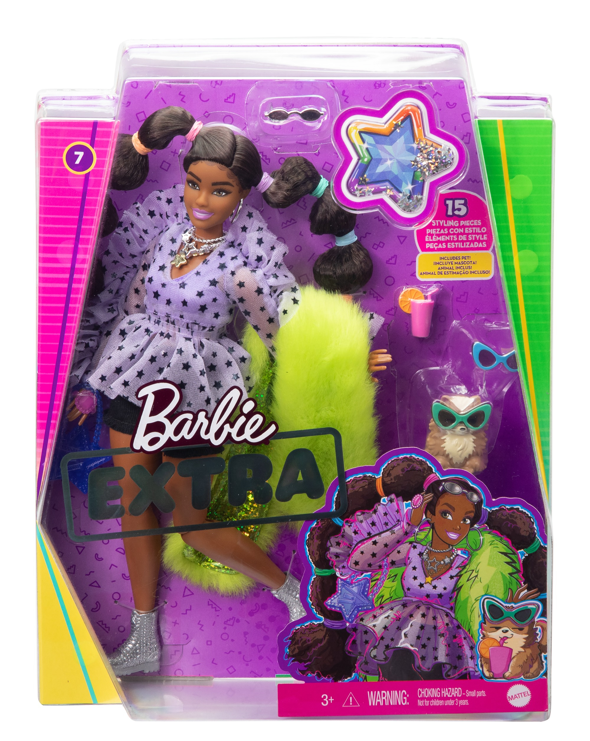 Eine Barbie Extra Puppe in einer Box, mit Zubehör wie Haustier und sternförmiger Sonnenbrille.