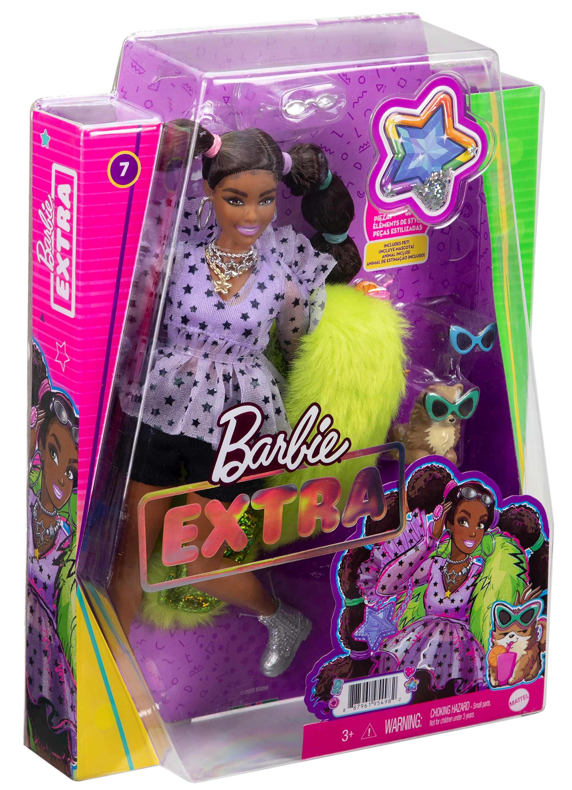 Eine Barbie Extra Puppe in einer Box, mit Accessoires wie Sonnenbrille und einem Haustierhund.