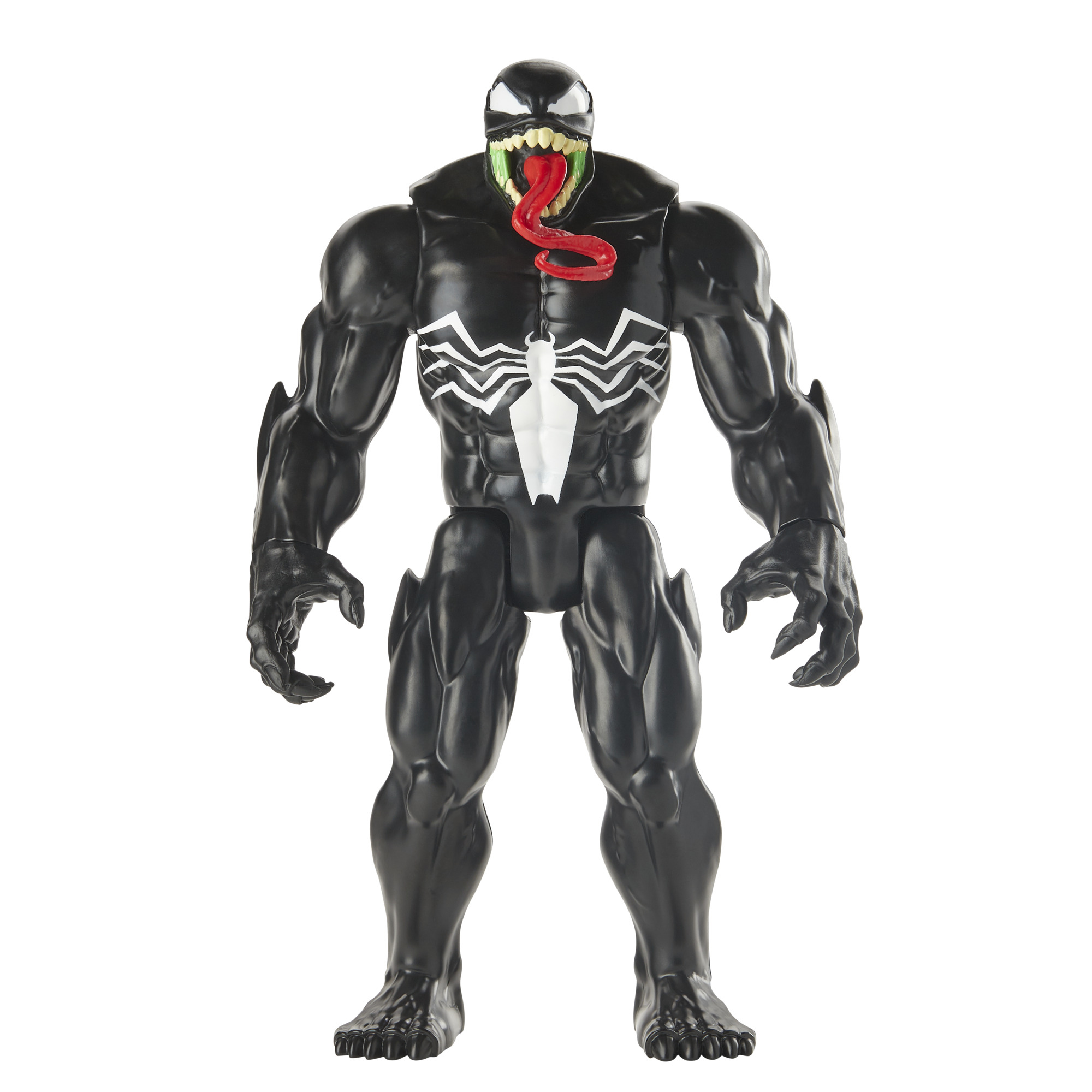 Un action figure nera di Venom con emblema a ragno bianco e lingua rossa. Sfondo bianco.