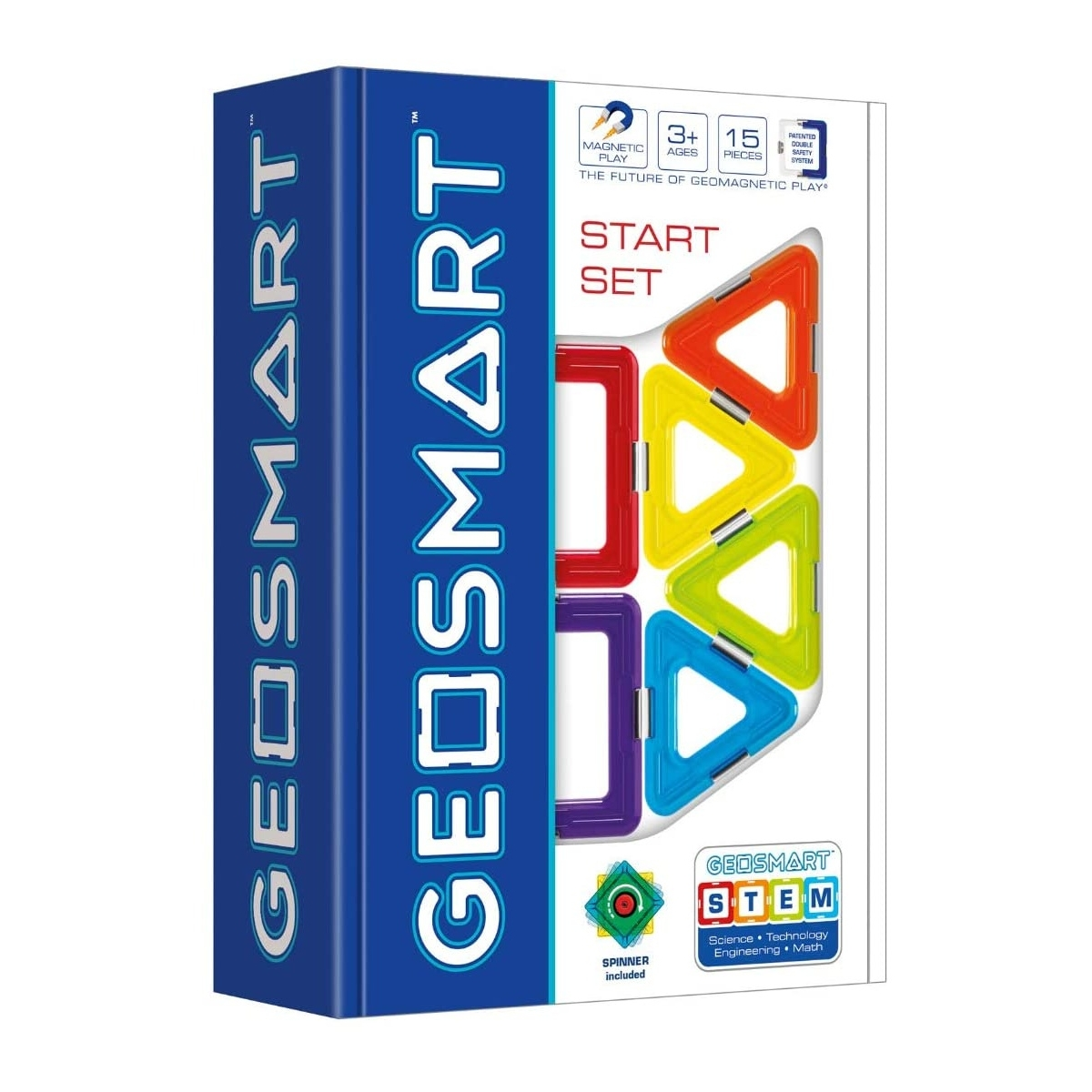 Set di scatole di forme geometriche magnetiche colorate. Contiene triangoli e rettangoli. 'GEOSMART' è visibile.