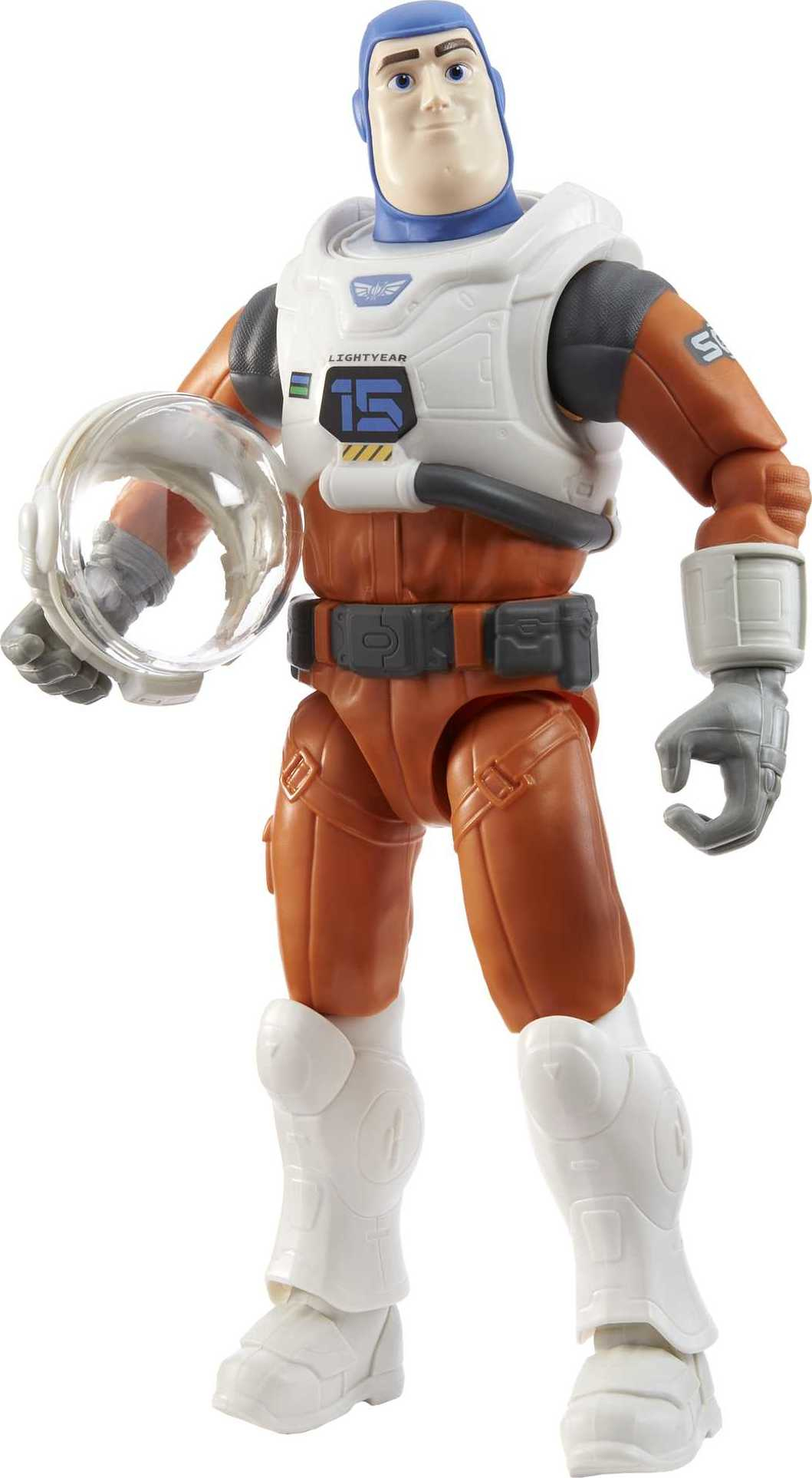 Action figure di Buzz Lightyear senza casco, con tuta spaziale arancione.