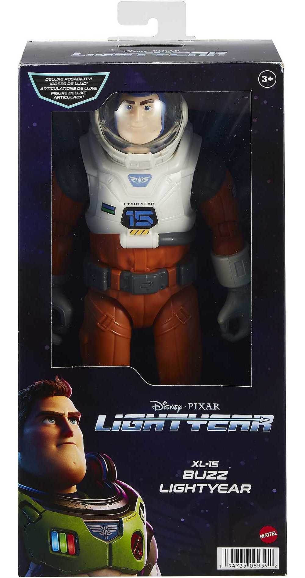 Giocattolo di Buzz Lightyear in una scatola. La scatola mostra la grafica Lightyear. Buzz indossa bianco e arancione.