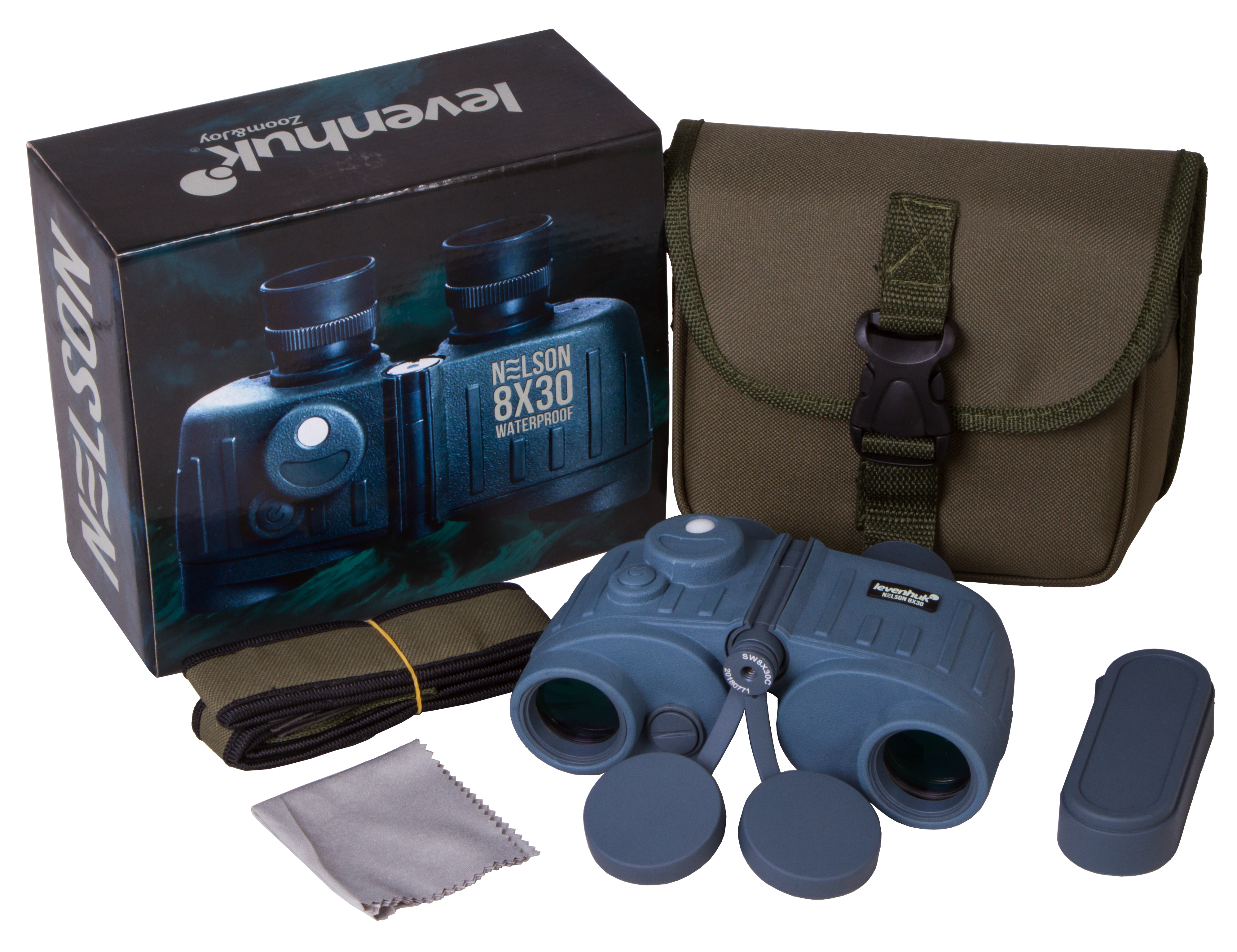 Fernglas in einer Tasche mit Zubehör, schwarze Box mit Text 'NELSON 8X30 WATERPROOF'.