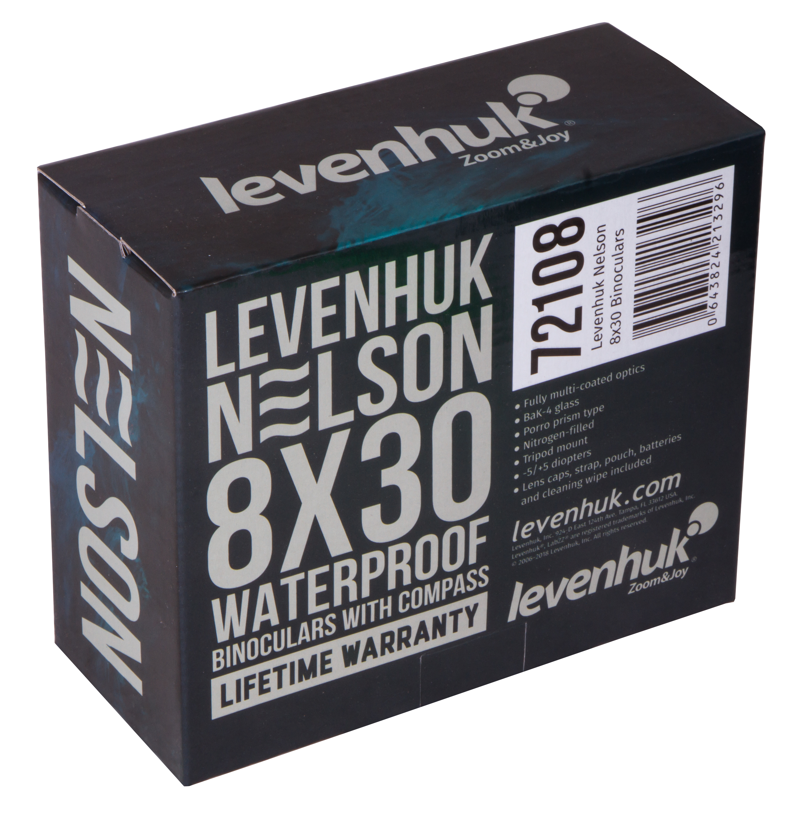 Schwarz-weiße Levenhuk Nelson Fernglasbox mit Text und Barcode.
