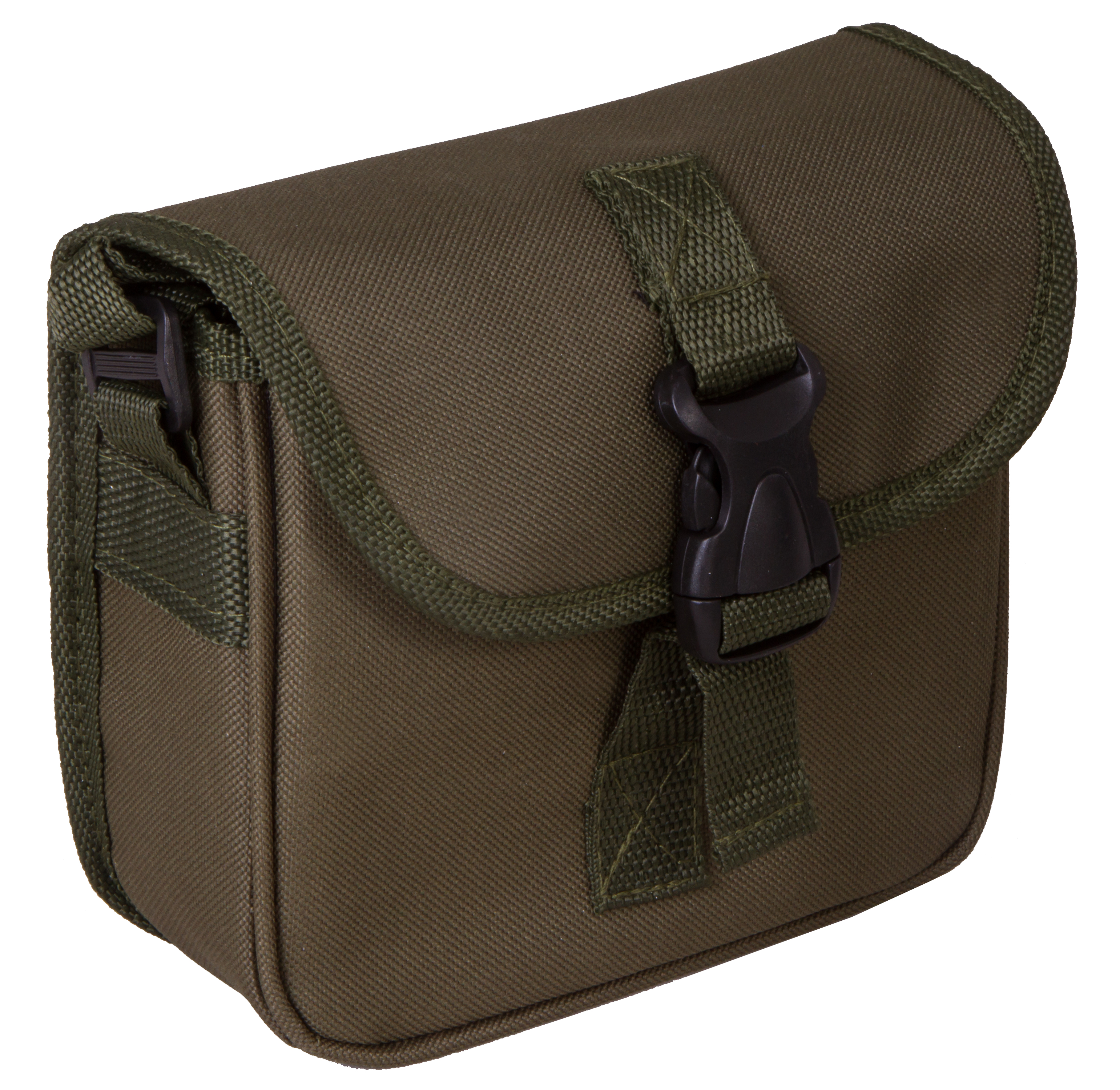 Olivgrüne rechteckige Tasche mit Klappe, schwarzer Schnalle und Riemen.