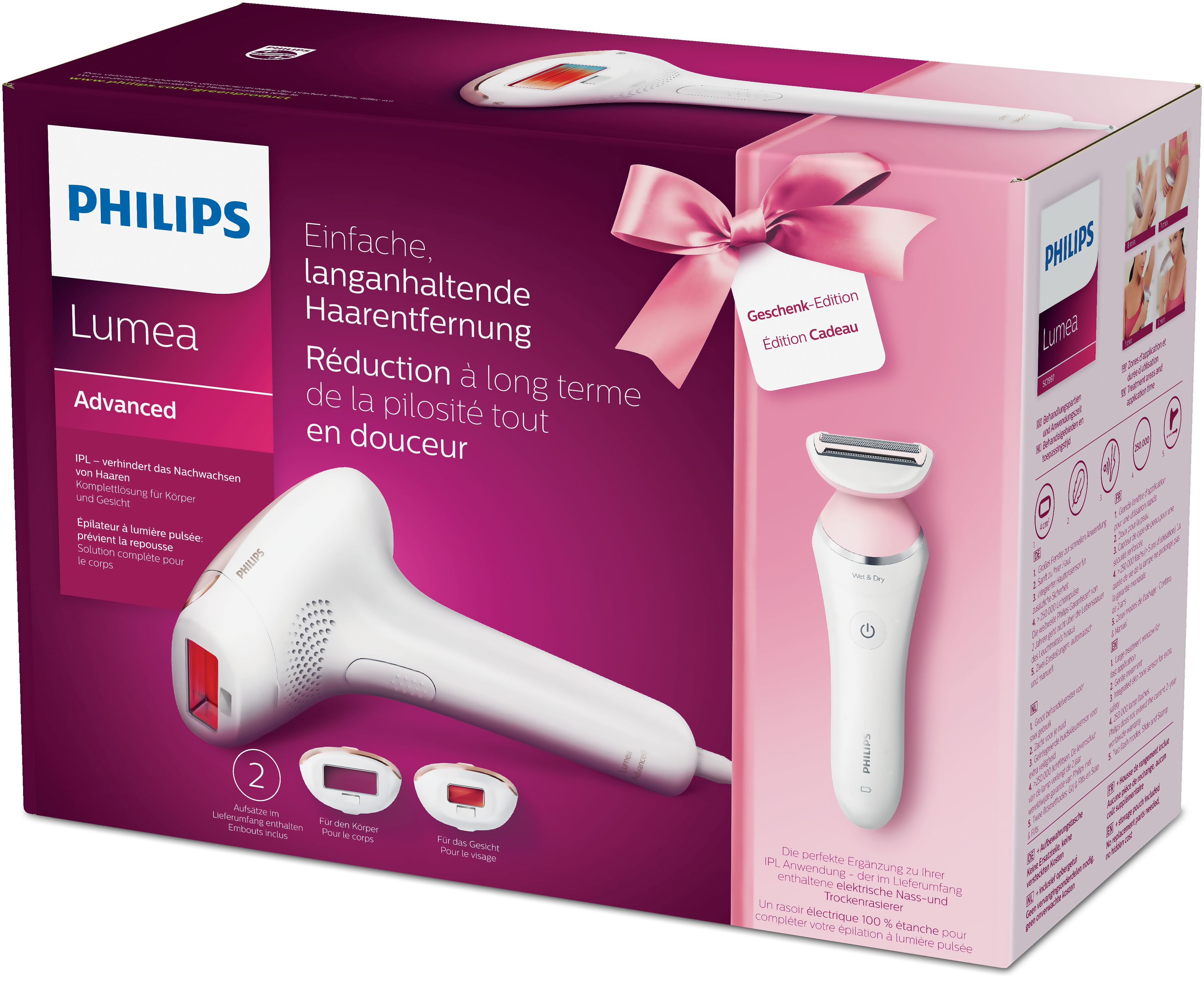 Philips Lumea Advanced epilasyon cihazı kutusu, cihaz ve aksesuarlarla.